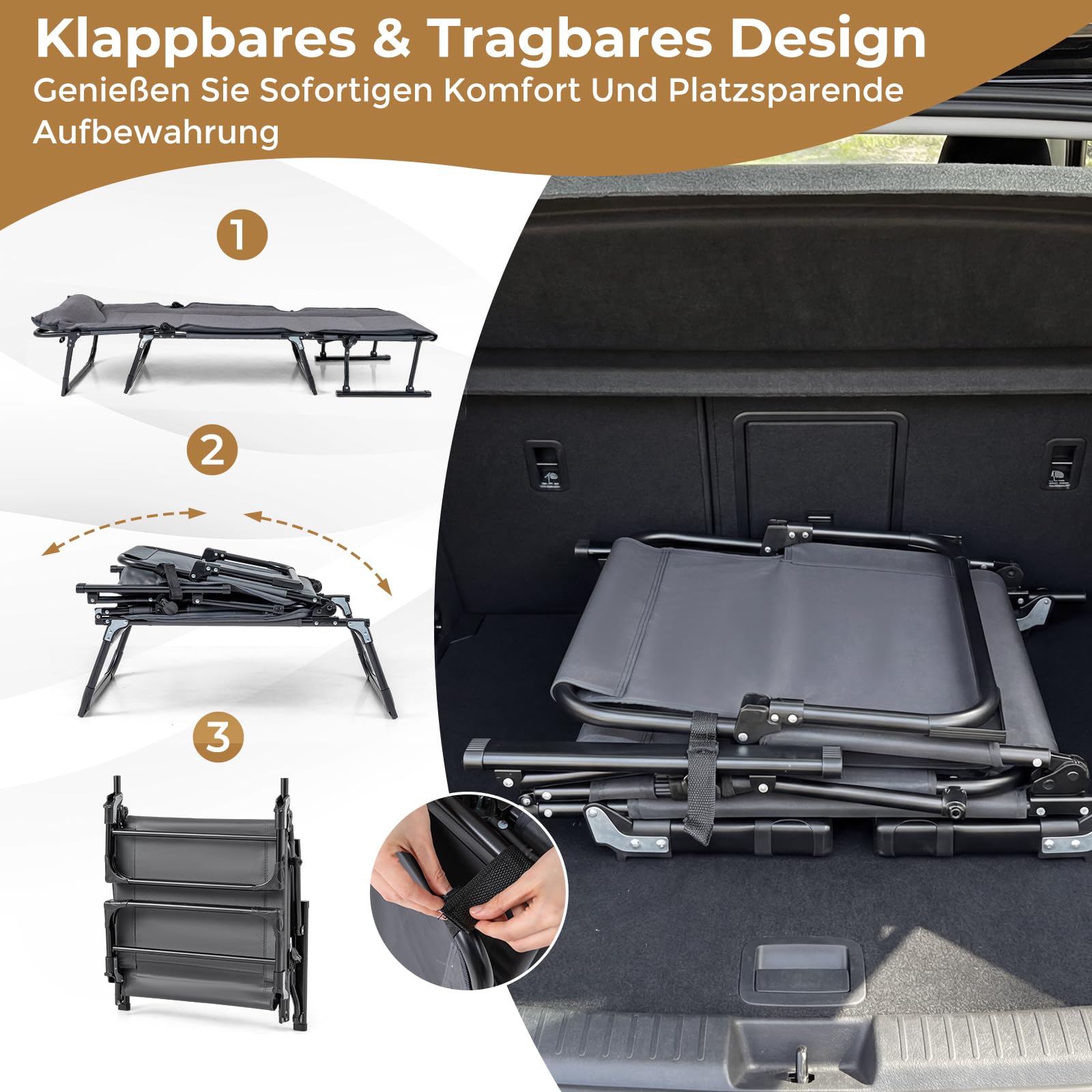 COSTWAY Sonnenliege klappbar, 3 in 1 Gartenliege mit Auflage, Kopfstütze, Verstellbarer Rückenlehne, Liegestuhl bis 200 kg belastbar, Campingliege, Klappbett für Garten, Camping, Büro