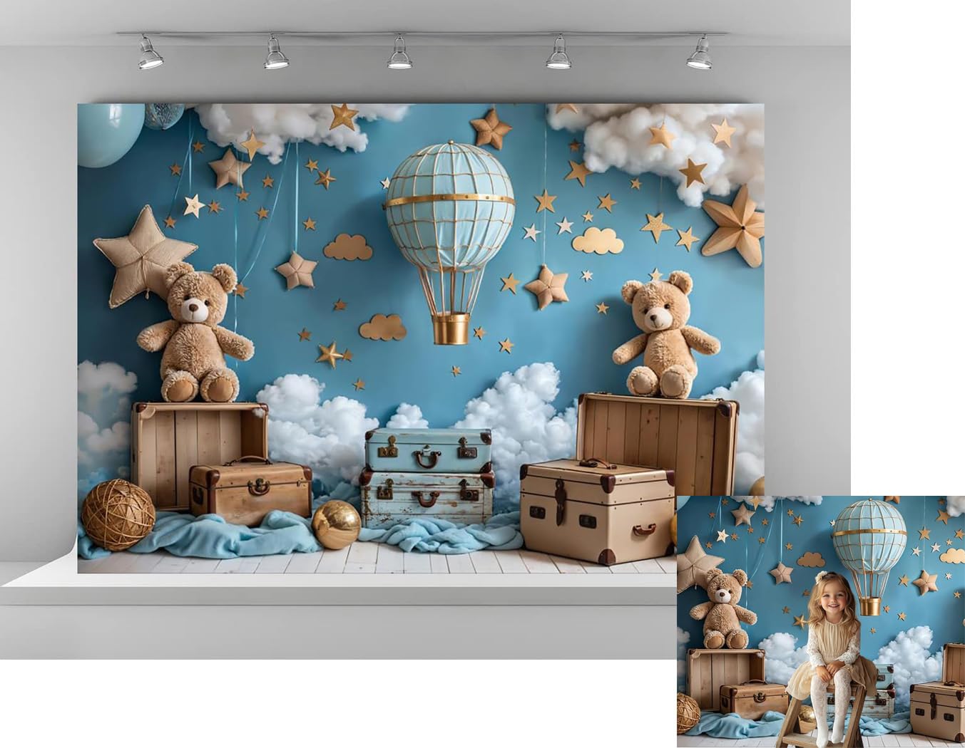Kate 7x5ft Sweet 1st Birthday Party Backdrops for Photography Hot Air Balloon Microfiber Background Toy Bear Cloud Backgrounds Baby Birthday Party