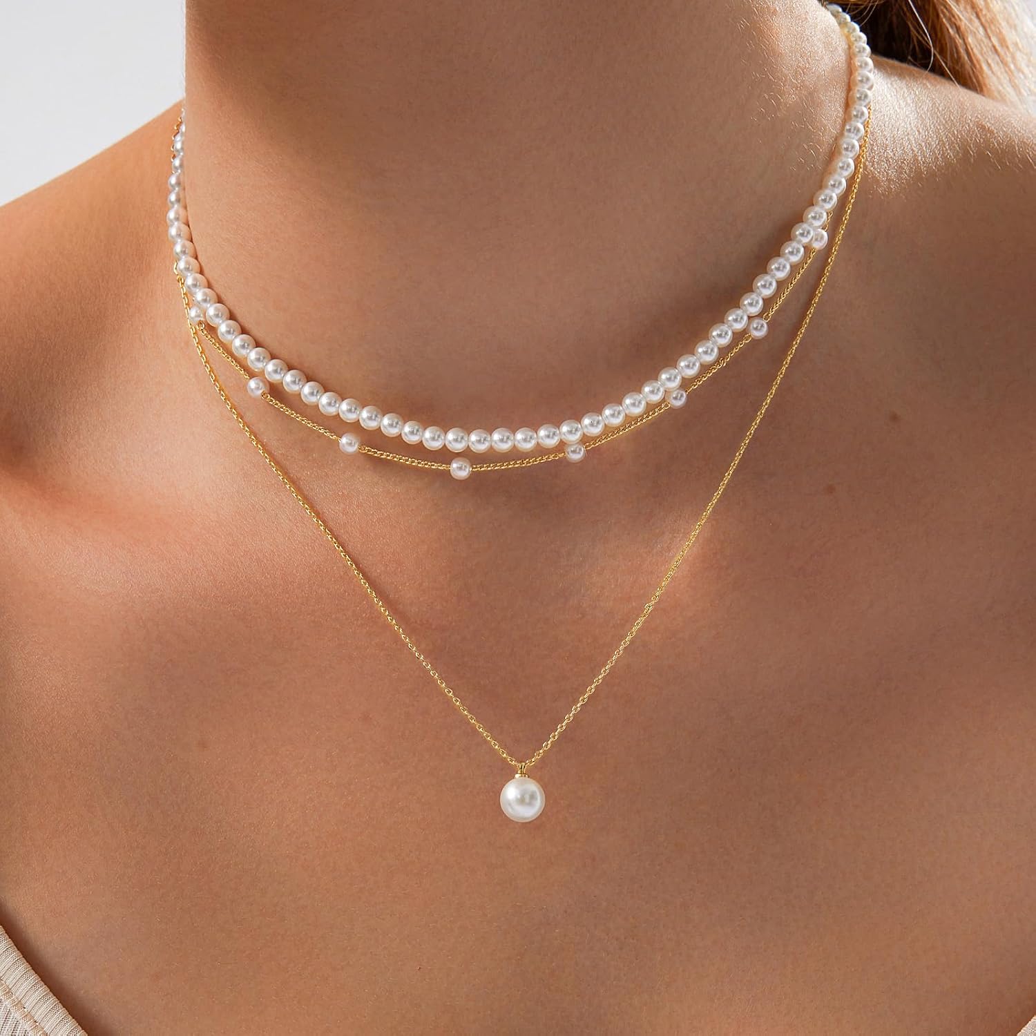 OGD Gold Pearl Necklaces Set for Women 14K Gold Plated Dainty Layered Pearl Cute Daisy Pearl Choker Gold Necklace Gifts for Women Gold Trendy Jewelry Gifts - Image 4