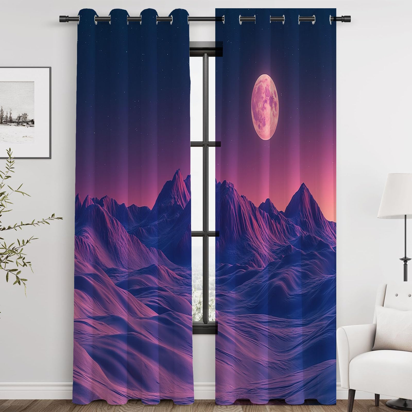 Böhmische Abstrakte Linien-Küchenvorhänge Mond Gardine Lichtundurchlässig Fenstervorhang Wohnzimmer Bunt geometrisch Vorhänge-H220 x B132 cm (2er Pack)
