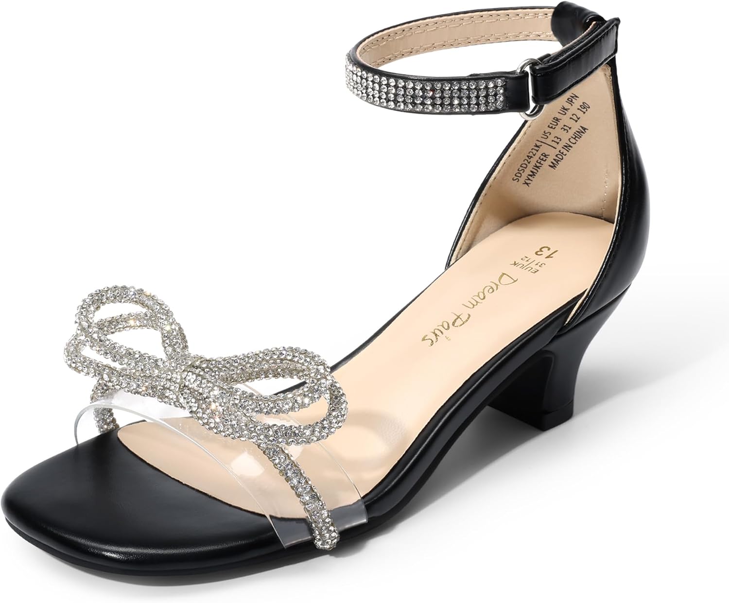 DREAM PAIRS Girls Sandals Ankle Strap Square Toe Low Heel Bow Flower Dress Shoes