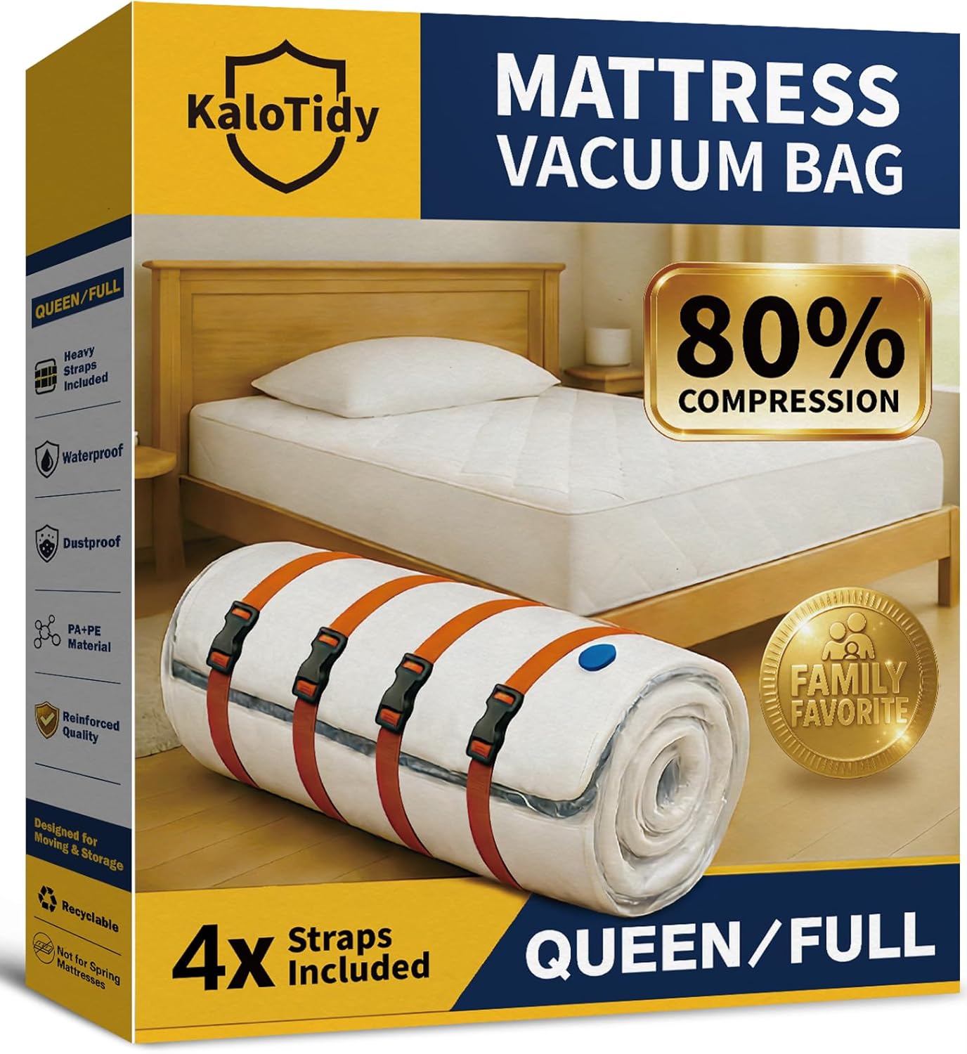 Memory Foam Mattress Vacuum Bag, Heavy-Duty Mattress Storage Bag for Moving and Transport, Mattress Compression Bag with Straps & Dual-Zip Seal (Orange Straps, King/Cal-King)