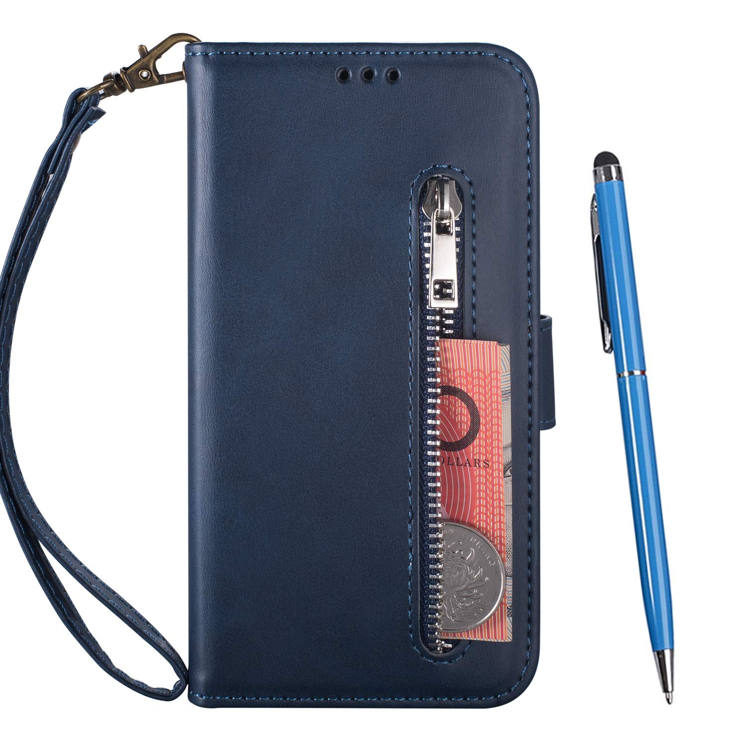 TOUCASA Compatible with Samsung Galaxy A750 / A7 2018 Case, Zipper Wallet Case Multi-functional Handbag Dual Folio PU Leather Stand Flip Case Protective Cover [Card Slots][Wrist Strap] (Blue)