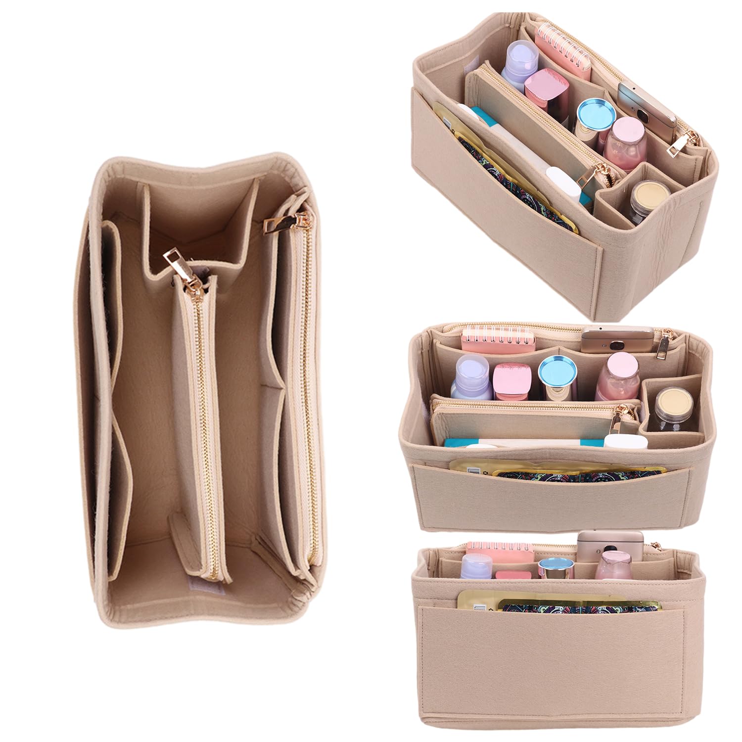 1 filcowa torba z 1 filcowym portfelem, organizer do torebki, zdejmowana kosmetyczka, kosmetyczka z zamkiem błyskawicznym, dla kobiet (beżowa)