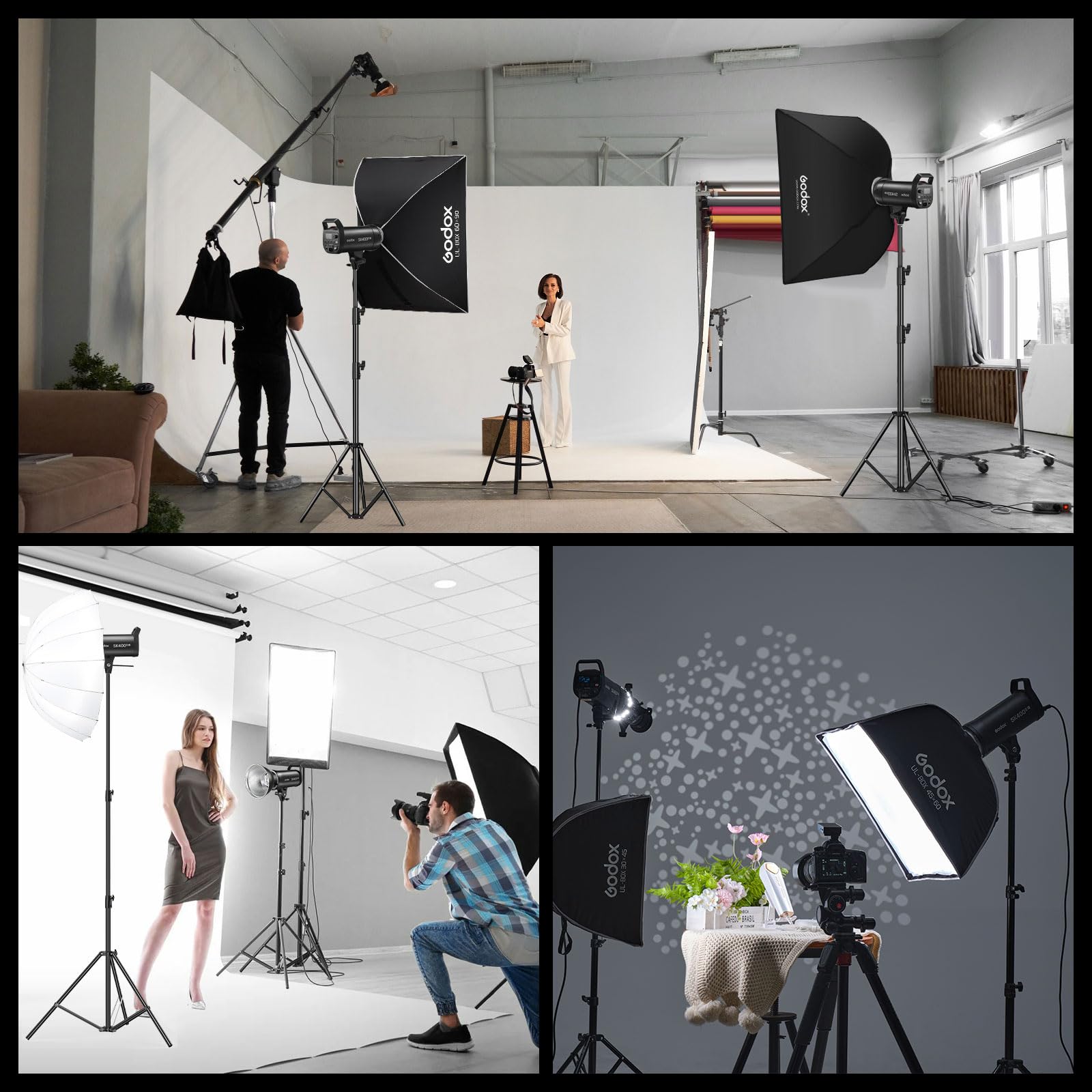 Godox 2Pack SK400IIIV 400Ws LED-Videoleuchtenset 5700±200K Dauerlicht-Set mit Lampenstativ Softbox mit Gitter Bowens-Mount Standardreflektor für Studio Videoaufnahme Livestreaming Podcast (2 Stück)