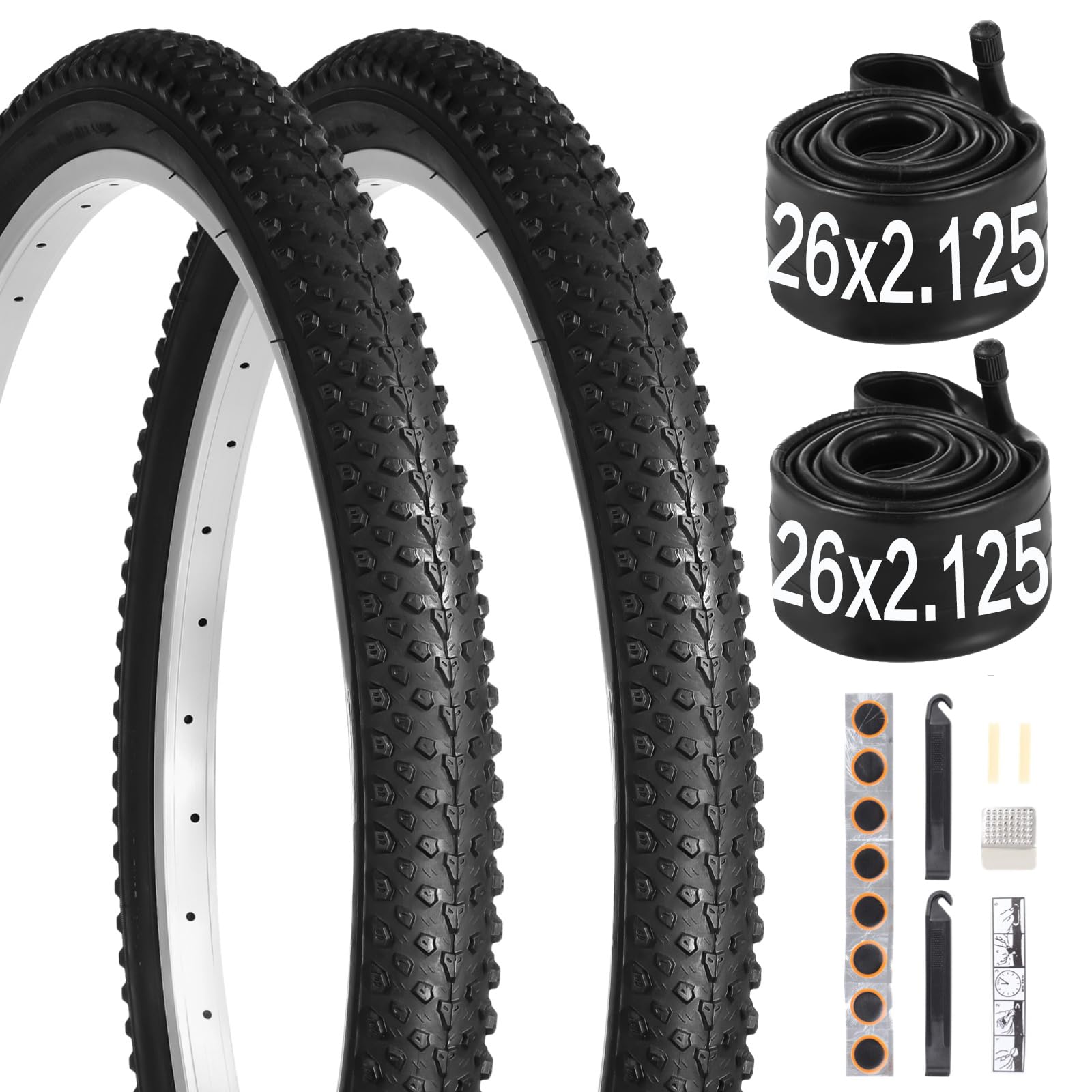 yeesport 26x2.125 Bicycle Tire Tube Set, 2-Pack 26 x 2.125 Bike Tires & 26x2.125 Bike Tubes AV 30mm Valve & Tire Replacement Set, 26 Inch Mountain Bike Tires for Hard Roads, Muddy Trails