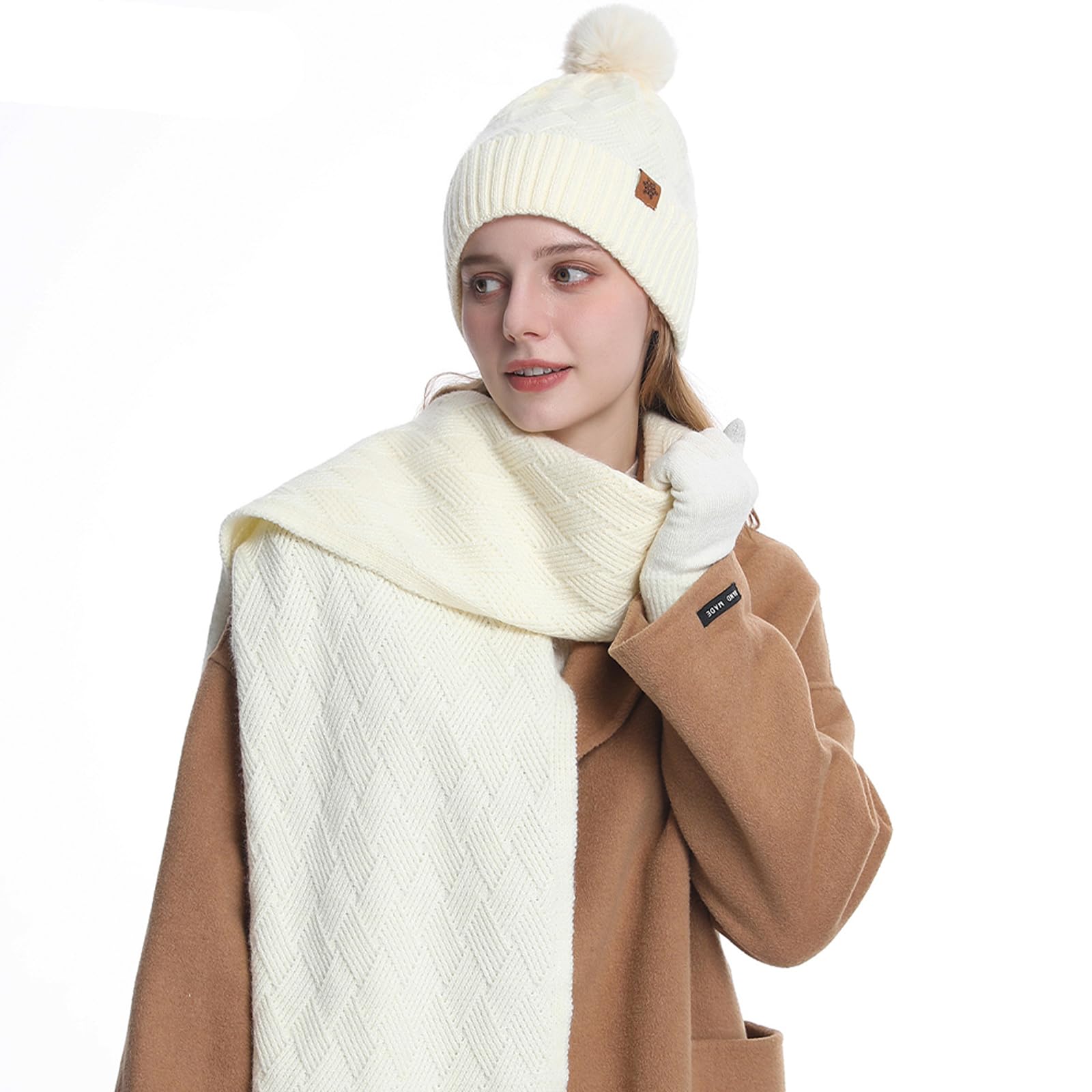 MAZELIKEHOOD Set Sciarpa Cappello Guanti Donna Inverno Caldo Cappello di Bobble con Sciarpa a Maglia e Guanti Tessuto Morbido e Comodo Accessori Moda Invernale Ideale per Regalo di Natale