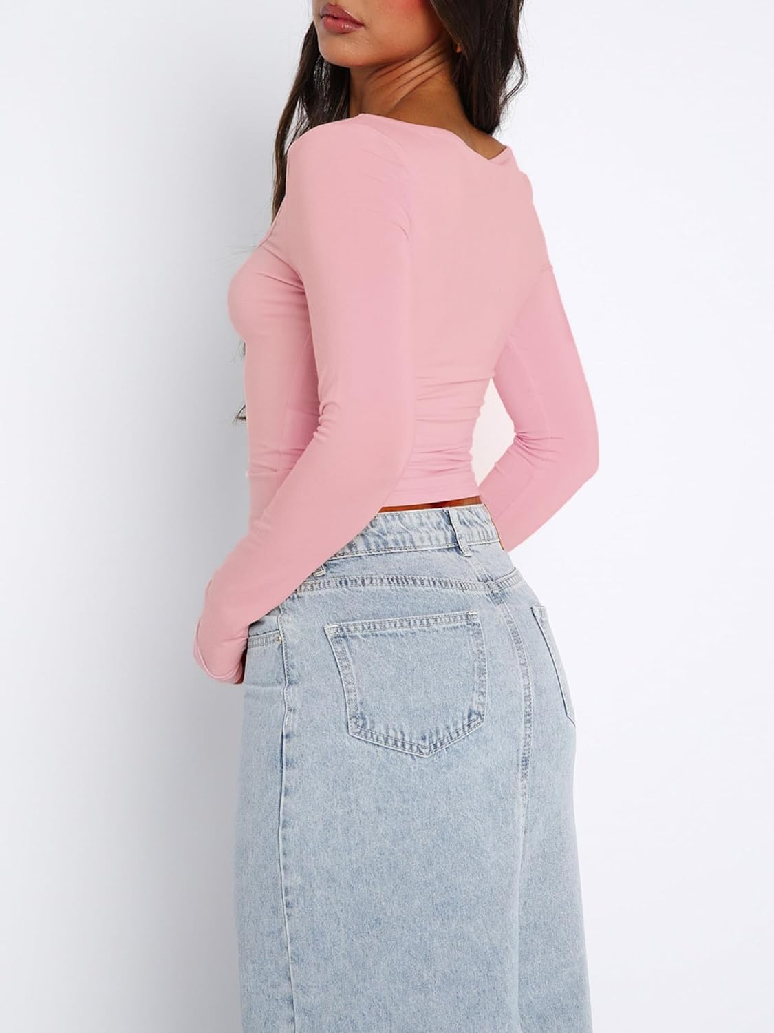 ForeFair Women's Sexy Long Sleeve Going Out Tops Pleated Bustier Shirt Cute Sweetheart Neck Y2K Cropped Top - Image 3