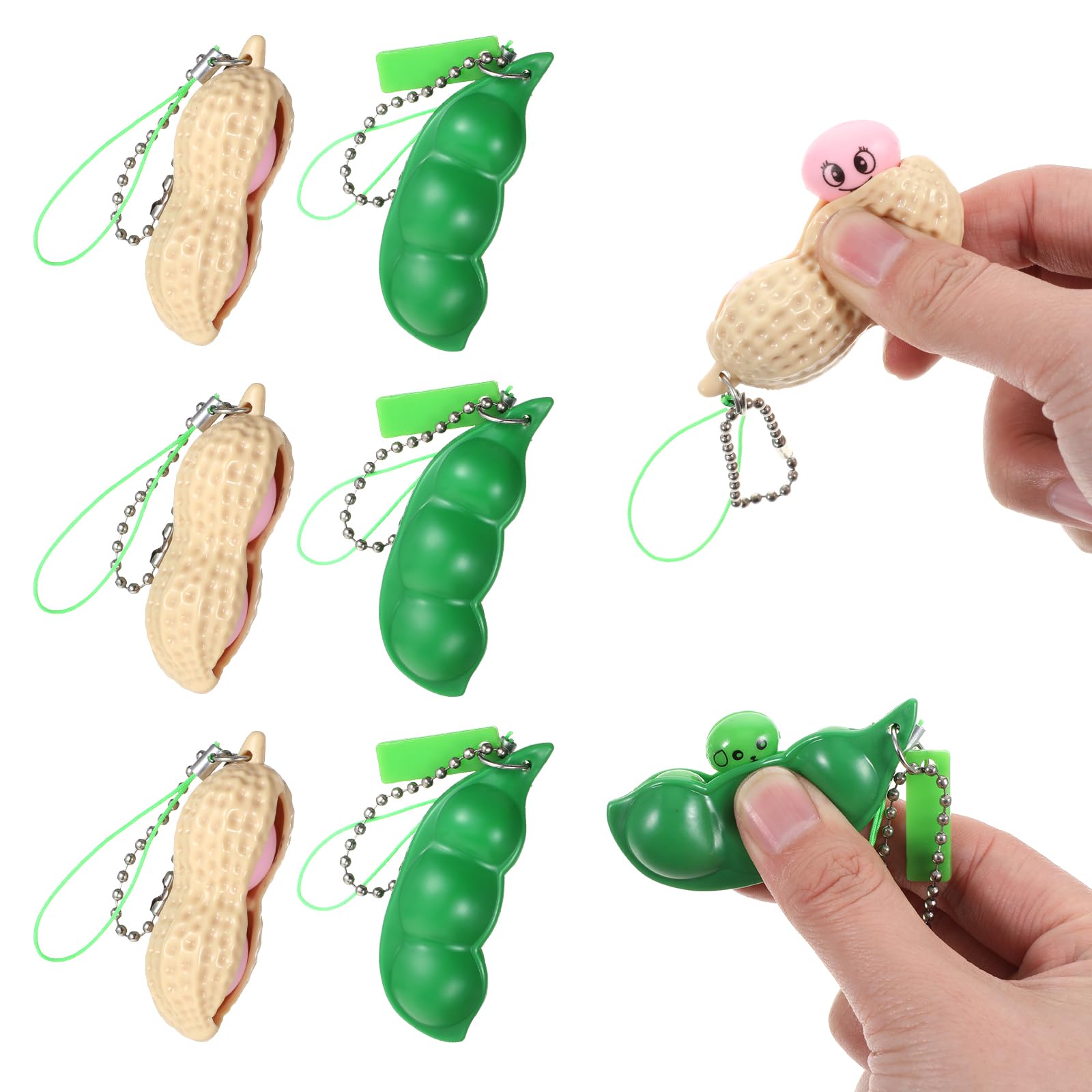 Hadnves 6 Pcs Squeeze Bean Keychain Edamame Peanut Pea Fidget Toys Stress Relief Charms Decoration Supplies for Both Children Kids Adult Phones Keys