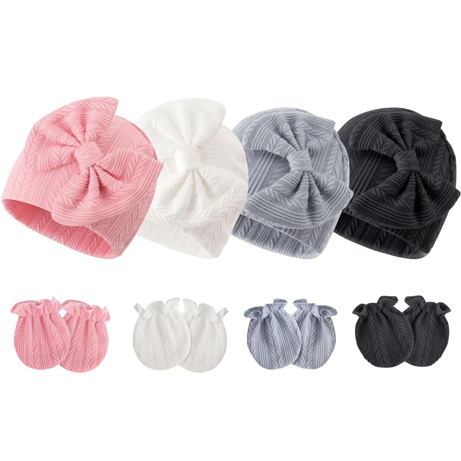 DRESHOW Newborn Baby Hats Mittens Set Hospital Hat Beanie Infant Bow Hats Baby Cotton Gloves No Scratch Mittens for 0-6 Months