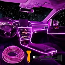 Luces Led Para Carro Interior EL Wire,Tira de luces LED para el interior del coche, luces de alambre de neón USB con borde de costura de 6 mm, alambre electroluminiscente brillante (EL), 16.5 pies, púrpura)