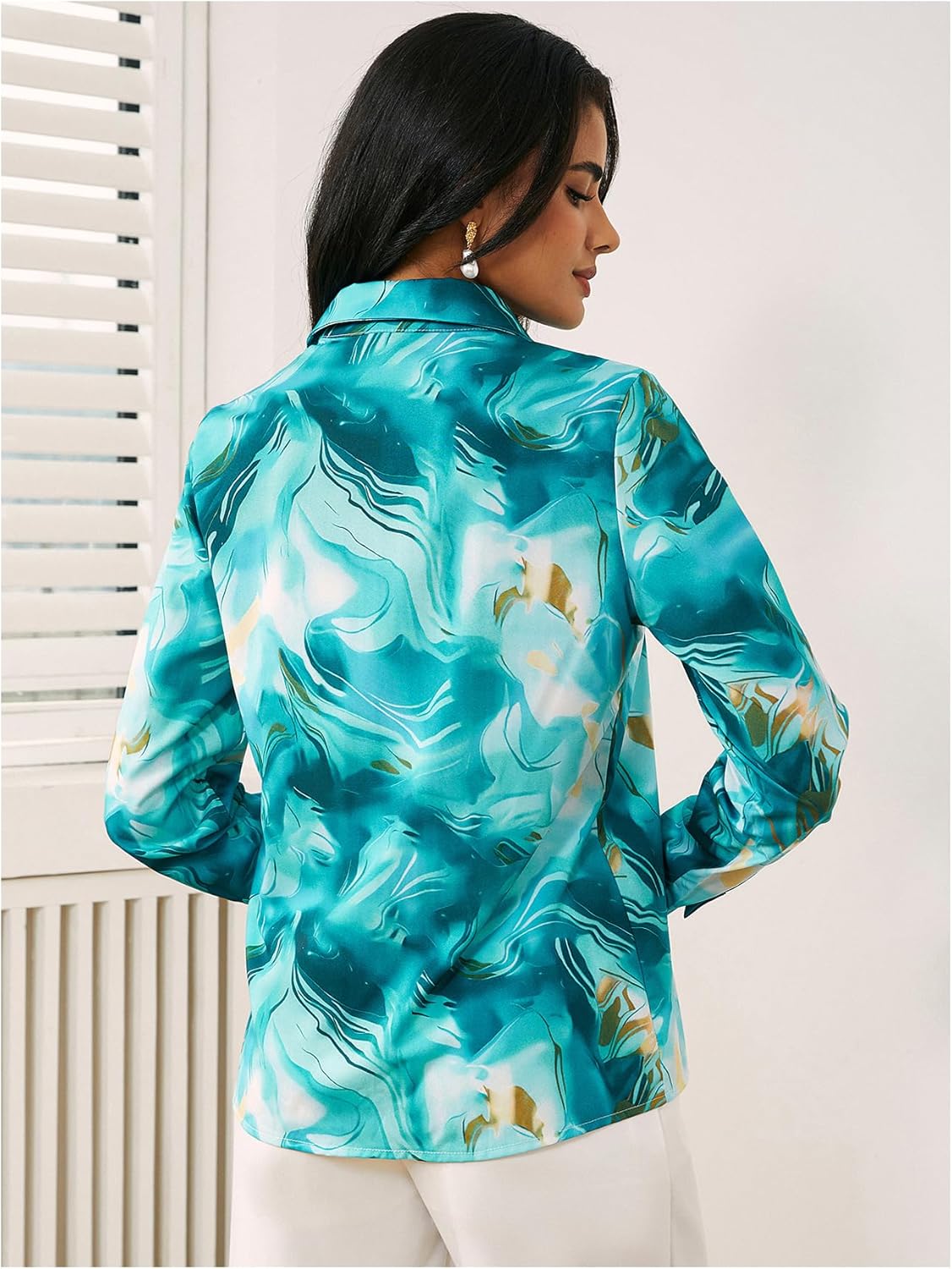 WDIRARA Women's Marble Print Button Down Long Sleeve Shirt Collar Blouse Top - Image 5