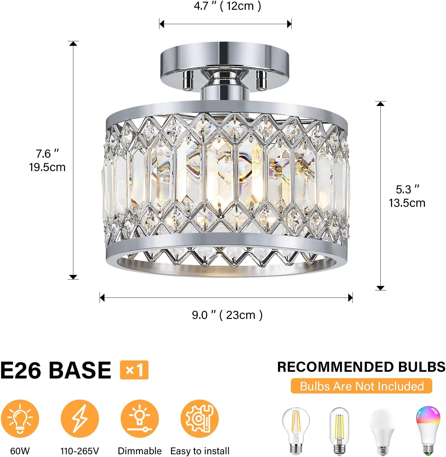 Crystal Ceiling Light Fixture, Modern Semi Flush Mount Ceiling Light, Chrome Lighting Fixtures Ceiling Lamp for Hallway, Kitchen, Entryway, Bedroom, Laundry Room, 9.05 Inch