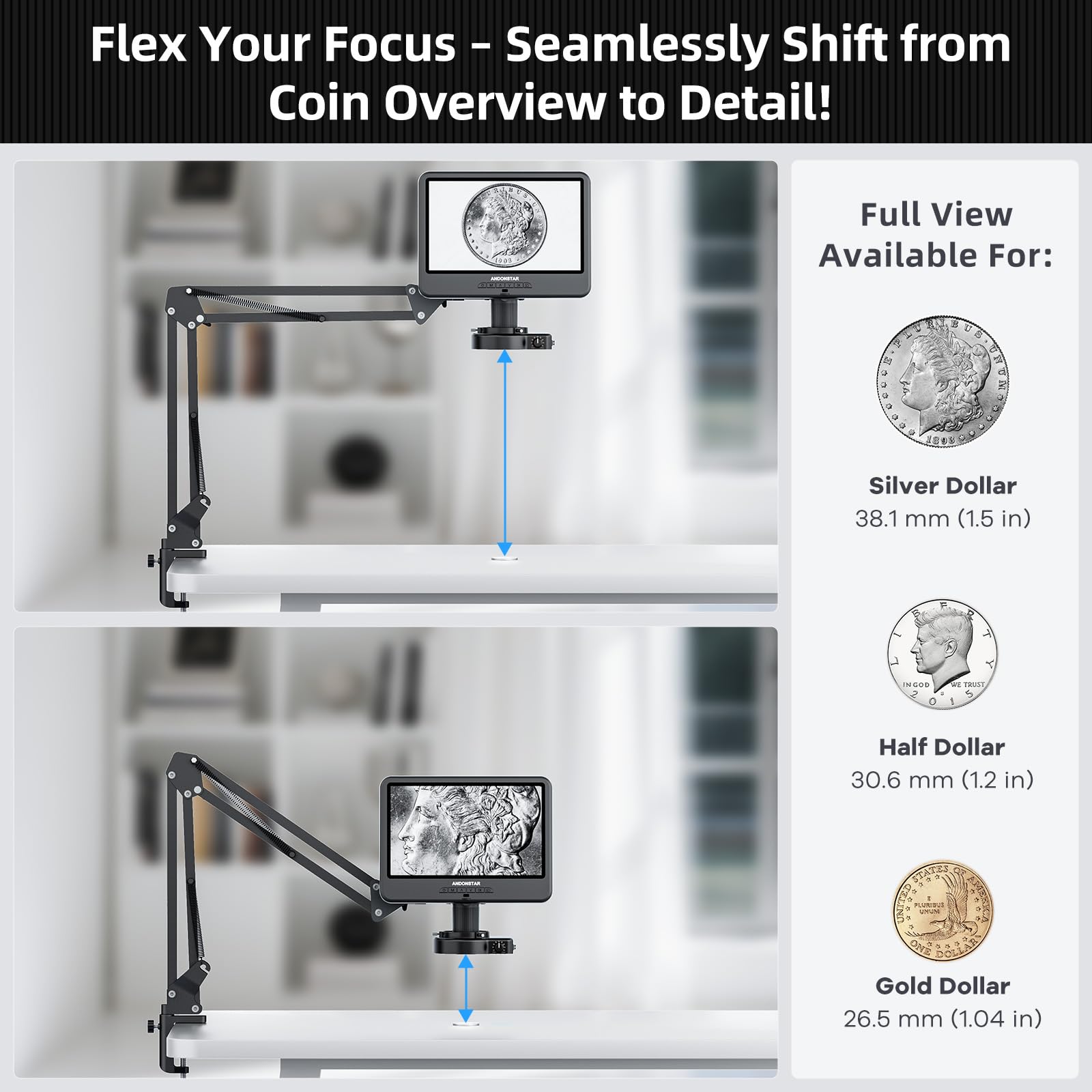 Microscopio digital Andonstar AD109 con pantalla de 10.1" para adultos, soporte de brazo flexible para microscopio de soldadura, microscopio para monedas con vista completa para monedas con error con