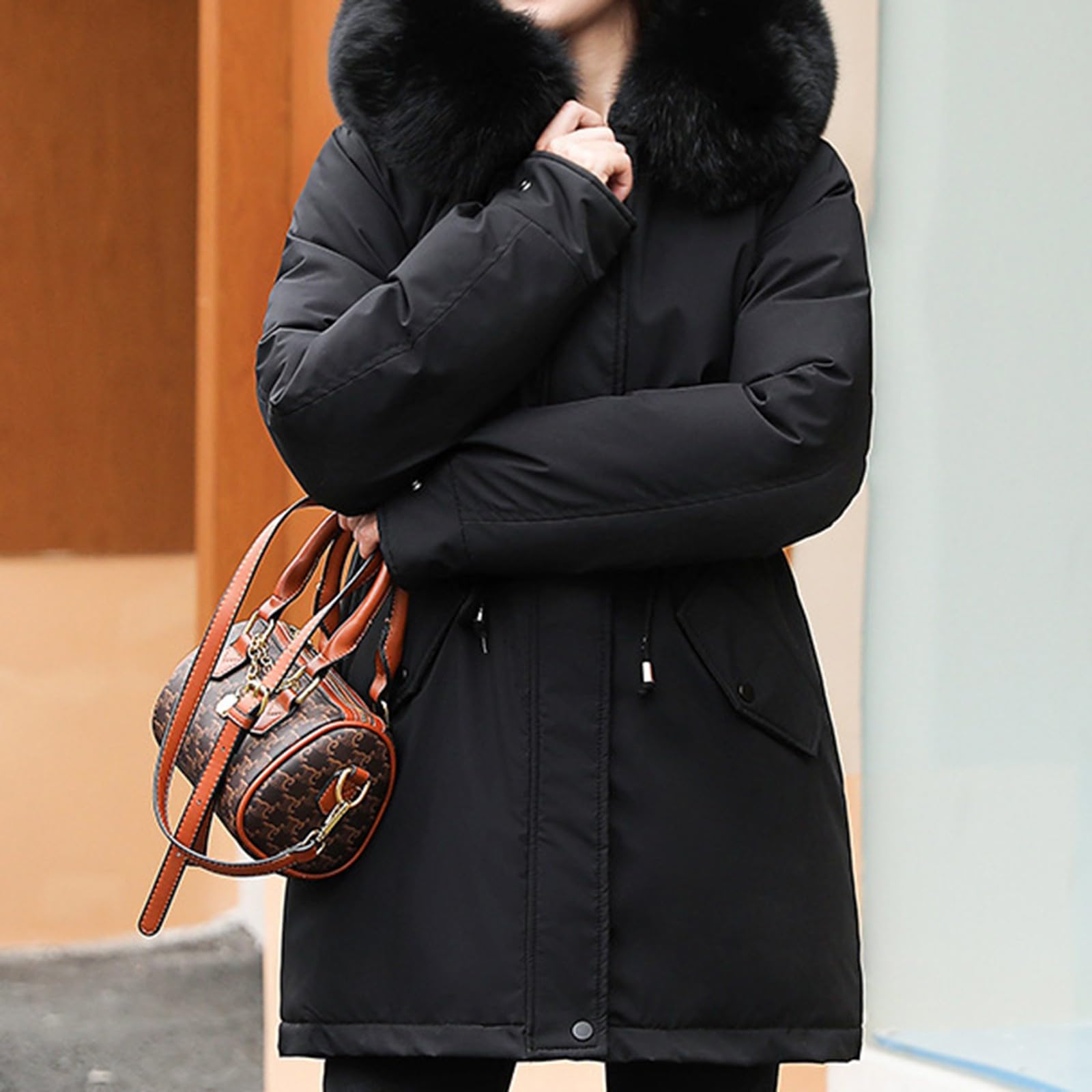 Wintermantel Damen Fellkapuze Mittellang Winterjacke Frauen Warm Gefüttert Winterparka Dicke Mantel Winter Teddyfutter Jacke Elegant Parka Outdoor Winddicht Skijacke Zipper Mit Taschen