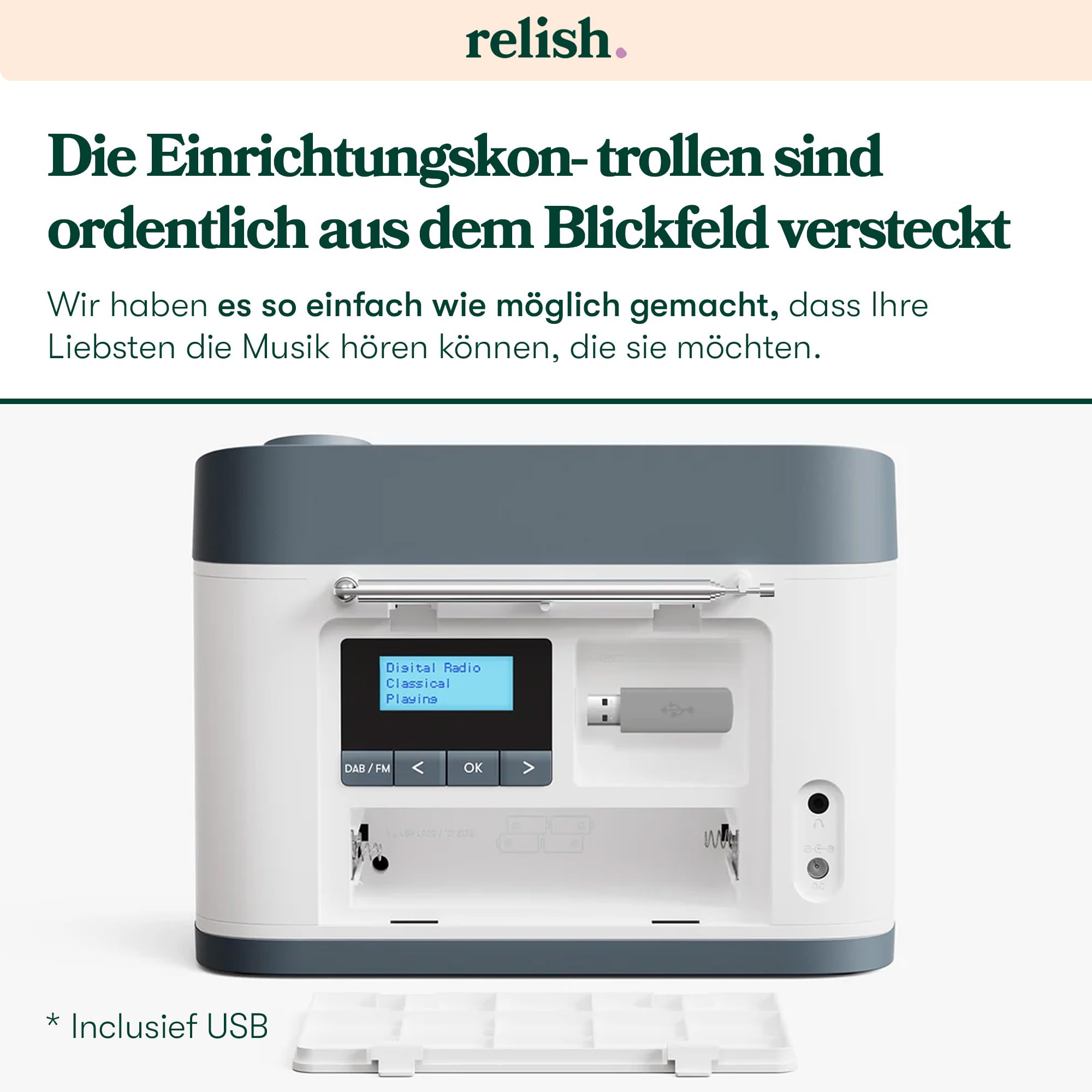 Relish – Tragbares, einfaches DAB/DAB+/FM Radio und MP3-Musikplayer mit USB für Senioren, Demenz und Alzheimer-kranke sowie Sehbehinderte – große Tasten, einfaches Design, leicht zu bedienen