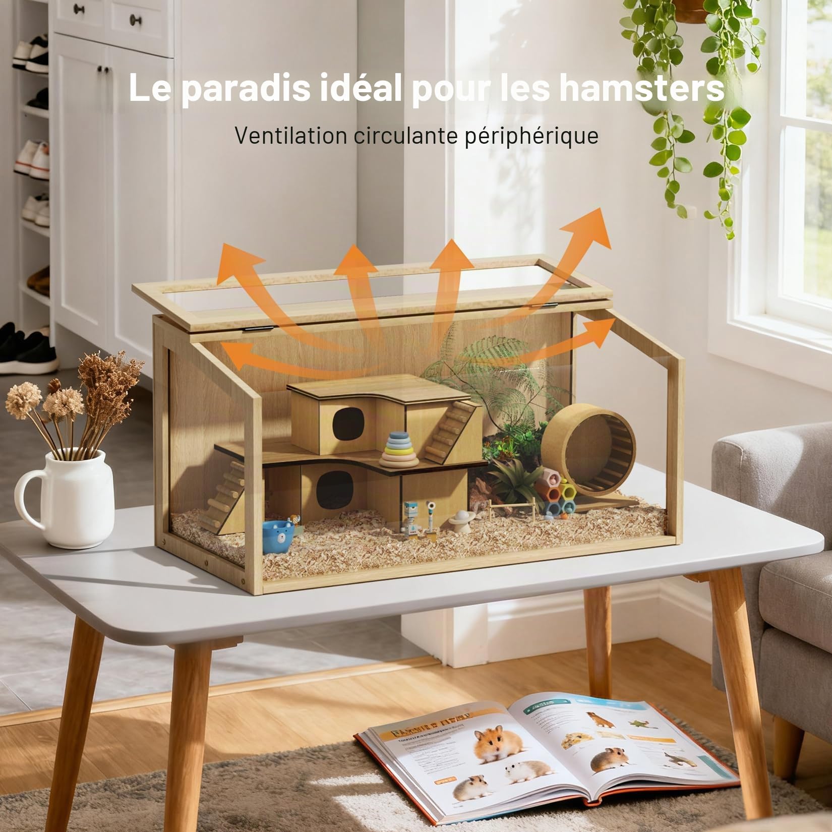 BingoPaw Cage Hamster en Bois, Habitats pour Rongeur Souris avec Fenêtre en Verre Trempé et Trous de Ventilation pour Gerbilles et Cochon d'Inde 60x40x40cm