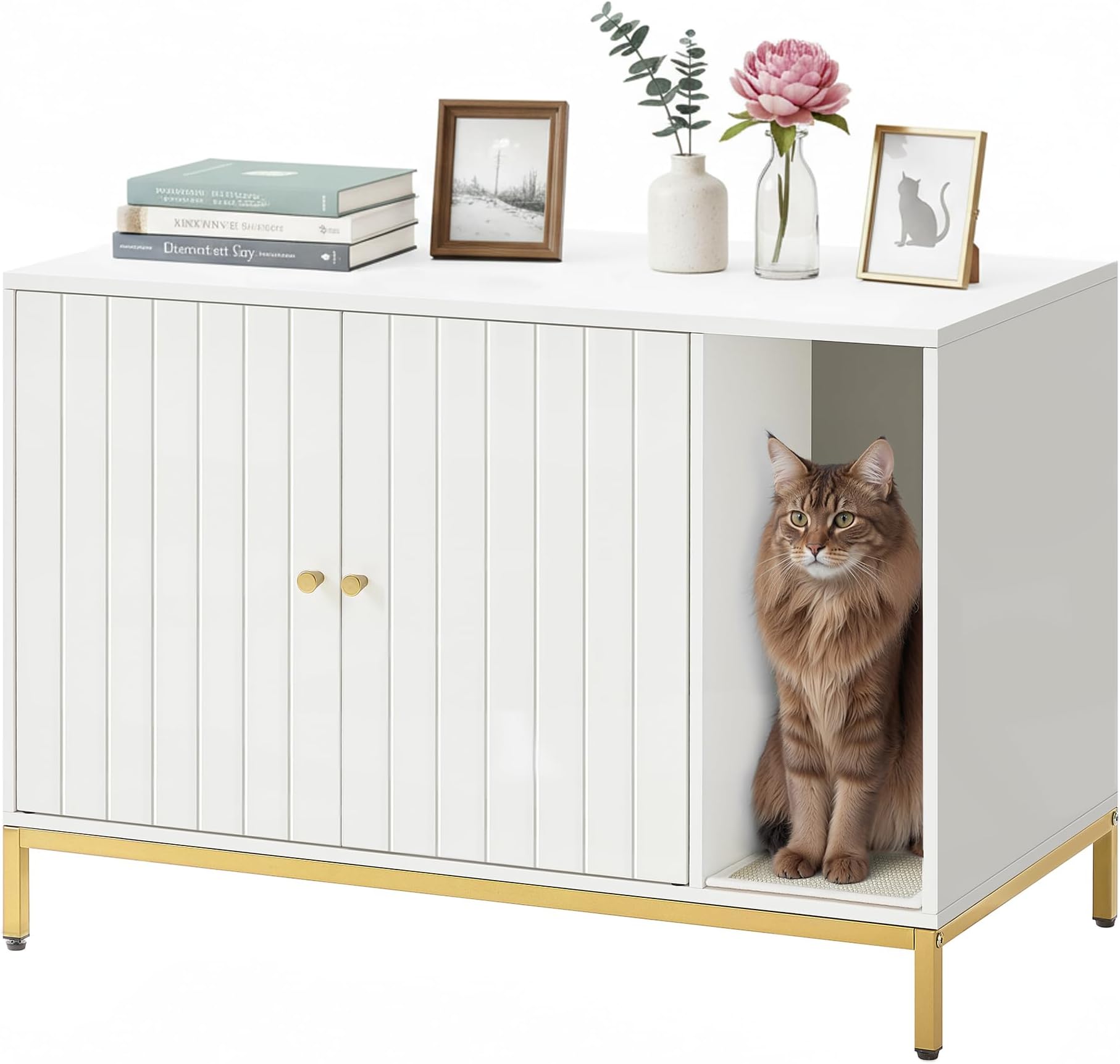 - Feandrea Cat Litter Box Enclosure, Hidden Litter Box Furniture with Scratch Pad, Front Entry, Double Cabinet Doors, Modern Style, 35.4" Cat House Washroom Side End Table, White and Gold