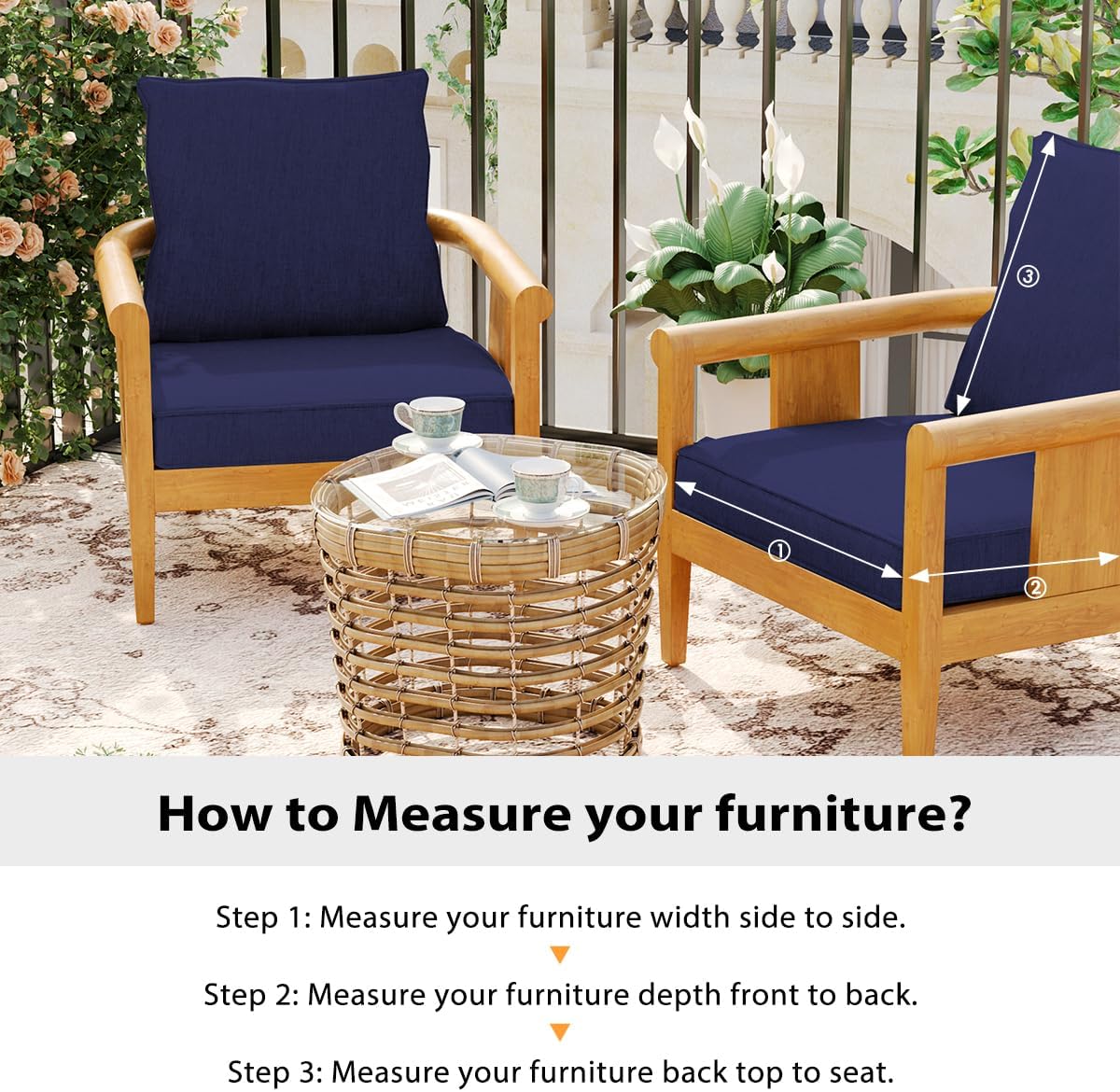 Sundale Outdoor Olefin Deep Seat Cushion, Patio Chair Cushion and Pillow, Water-Resistant Sectional Sofa Pad with Straps Navy Blue, 23 x 26 x 4 Inches