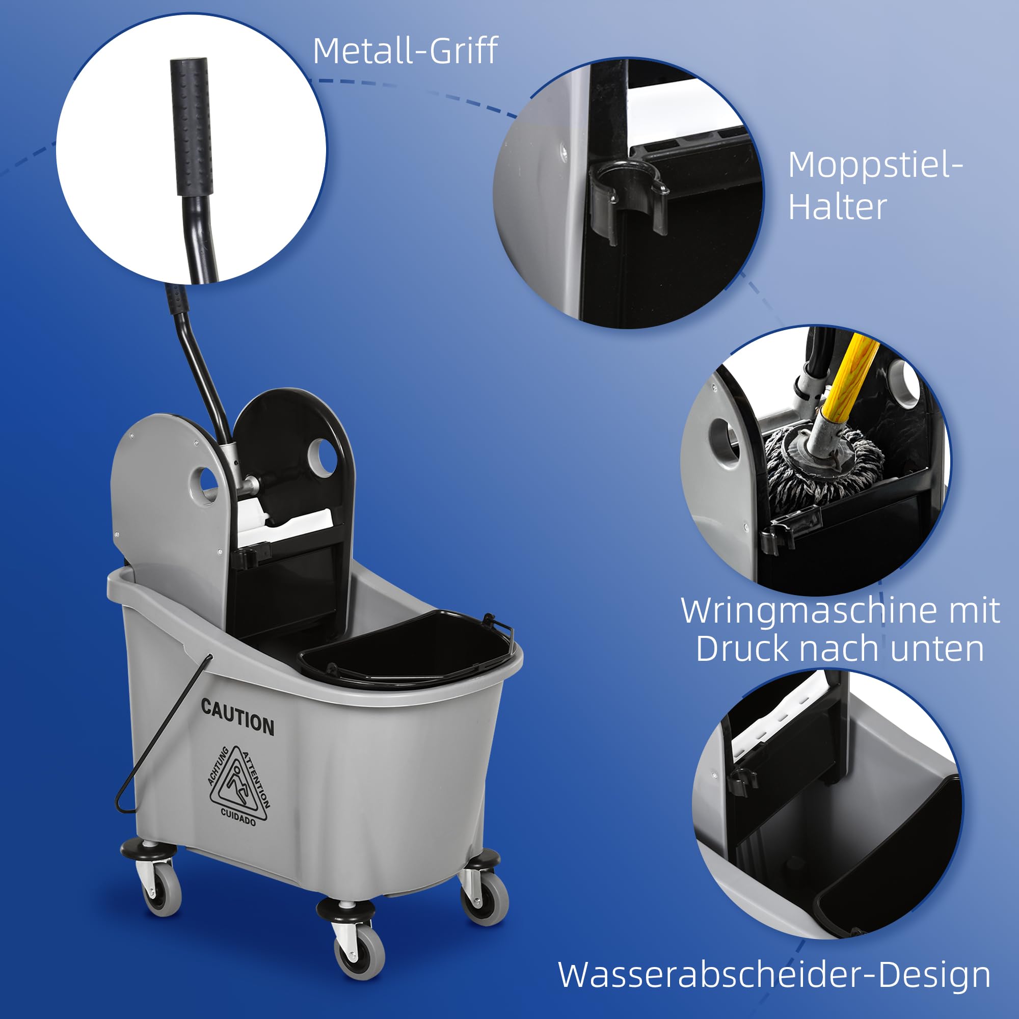 HOMCOM Reinigungswagen 36 Liter Putzeimer mit Auswringvorrichtung 54 x 41 x 91,5 cm Grau