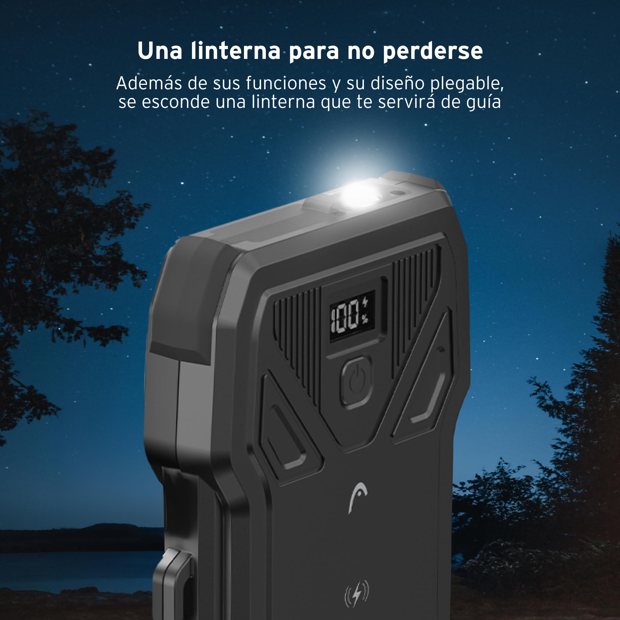 HEAD Power Bank 10000mAh con Linterna, Batería Externa Carga Rápida con Energía Solar, Cargador Portátil Inalámbrico para iPhone y Android, Power Bank USB-C con Diseño Plegable y Cable Incluido