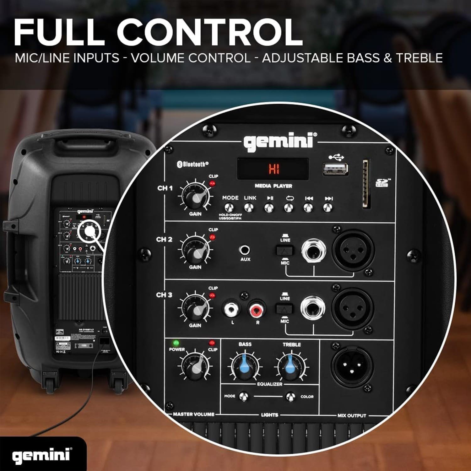 Gemini AS-2115BT-LT-PK, Enceinte Sono Boomer 15", à LED - 2000W, USB SD Bluetooth TWS FM, Pied, + Clé USB 32G
