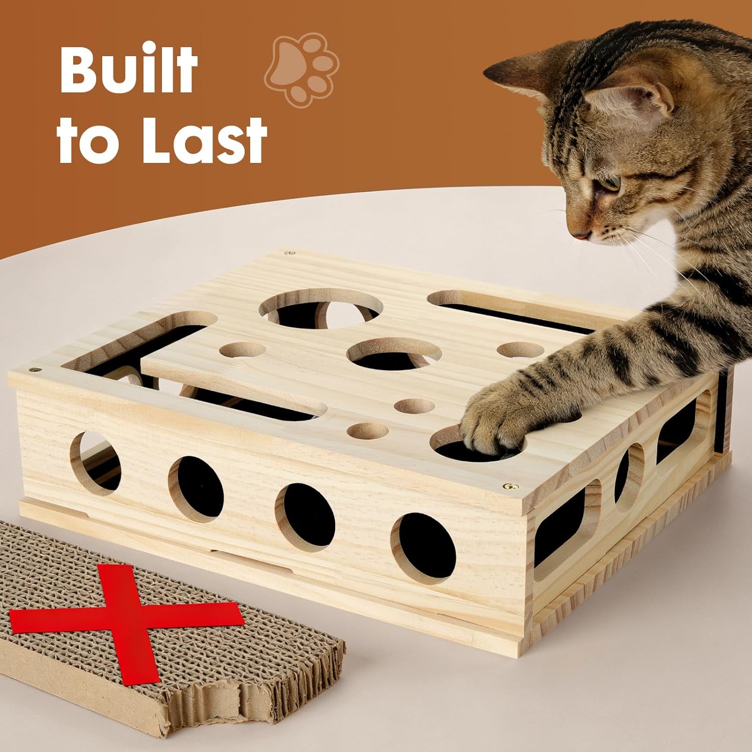 YooxArmor Cat Scratch Puzzle Box, Solid Wood Enrichment Toy with Sandpaper Nail Filer, Stress-Free Claw Care for Indoor Cats