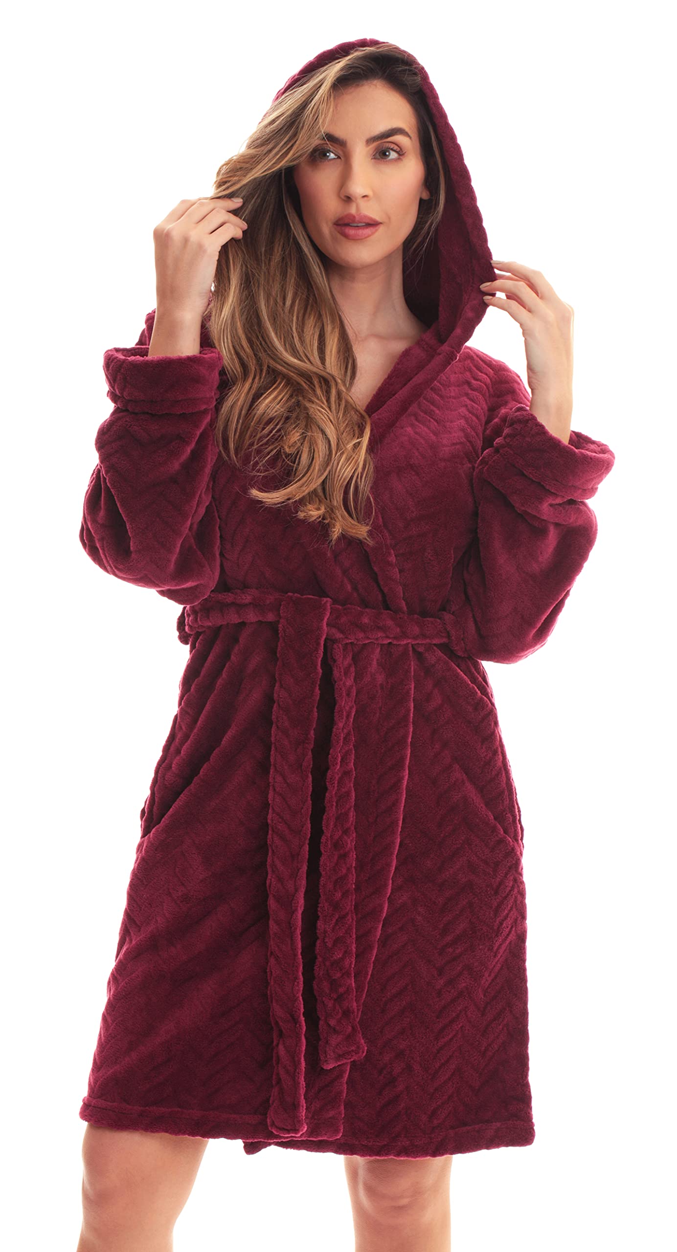 Just Love Kimono Robe Chevron Texture Fleece Hooded Bath Robes for Women