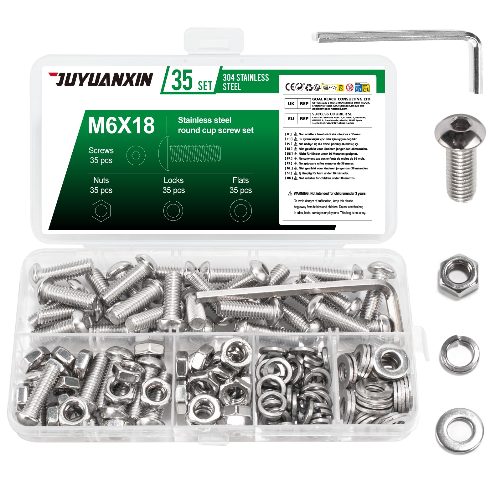 35 Set M6 x 18 mm Nuts and Bolts Assortment, Hex Socket Button Head Screws Bolts and Nuts Set, Stainless Steel Allen Machine Screws with Flat & Lock Washers Set