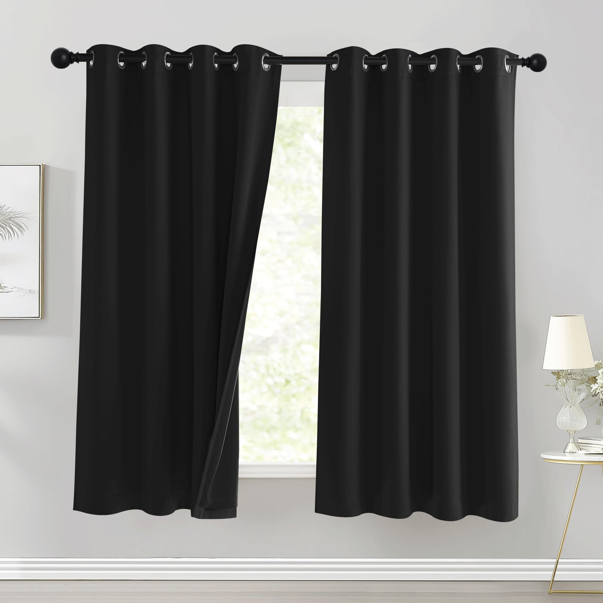 100% Blackout Curtains, Thick Double Layer Light Blocking Drapes, Thermal Insulated Noise Reducing Curtains for Bedroom Living Room with Black Liner, 52 x 45 Inch,Jet-Black