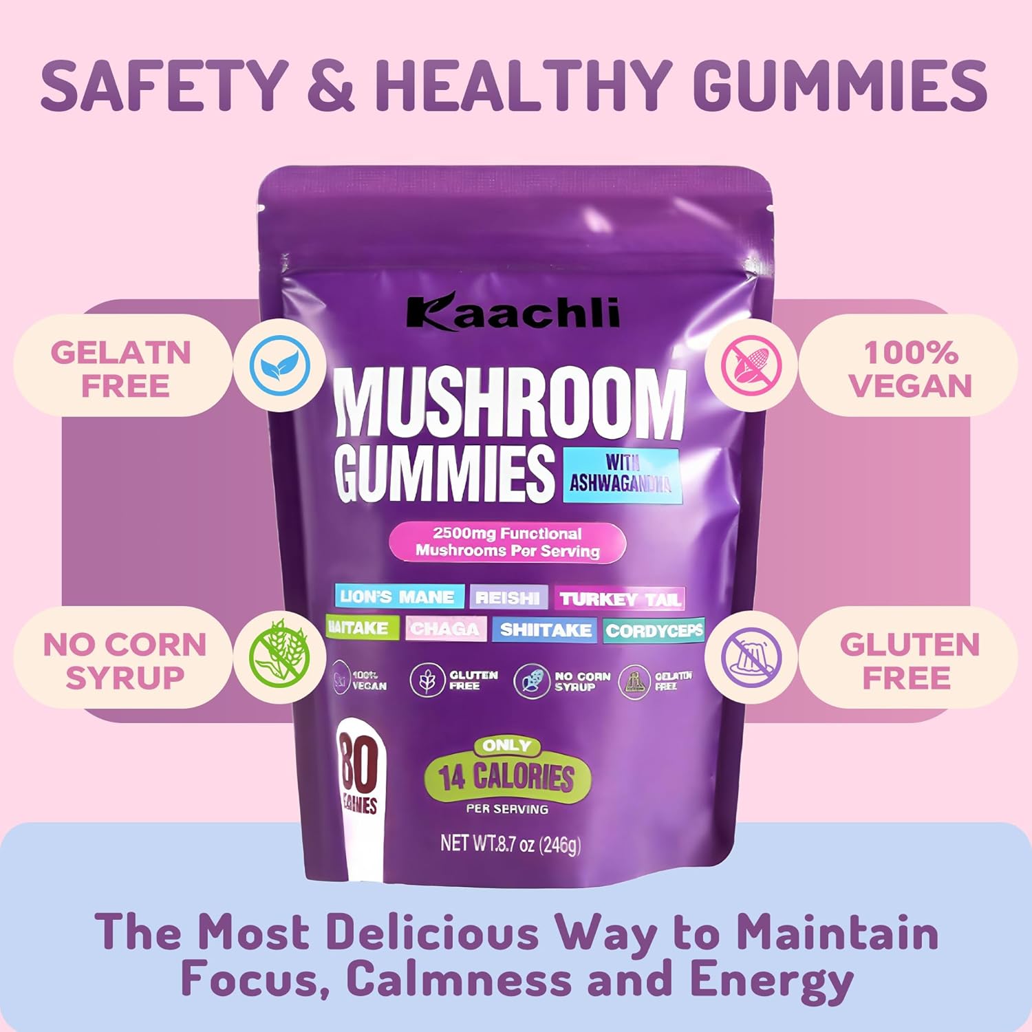 1000mg Ashwagandha & Mushroom Gummies, with 8-Mushroom Blend (Reishi, Lion's Mane, Cordyceps). Supports Focus, Energy and Cognitive Boost,for Adults, 160 Count.