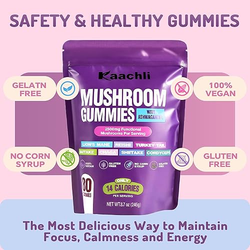 Miniatura 7 de Ashwagandha & Gomitas de hongos de 500 mg  Complejo premium de 8 hongos (Reishi, melena de león, Cordyceps + 5 más)  Gomitas de hongos para