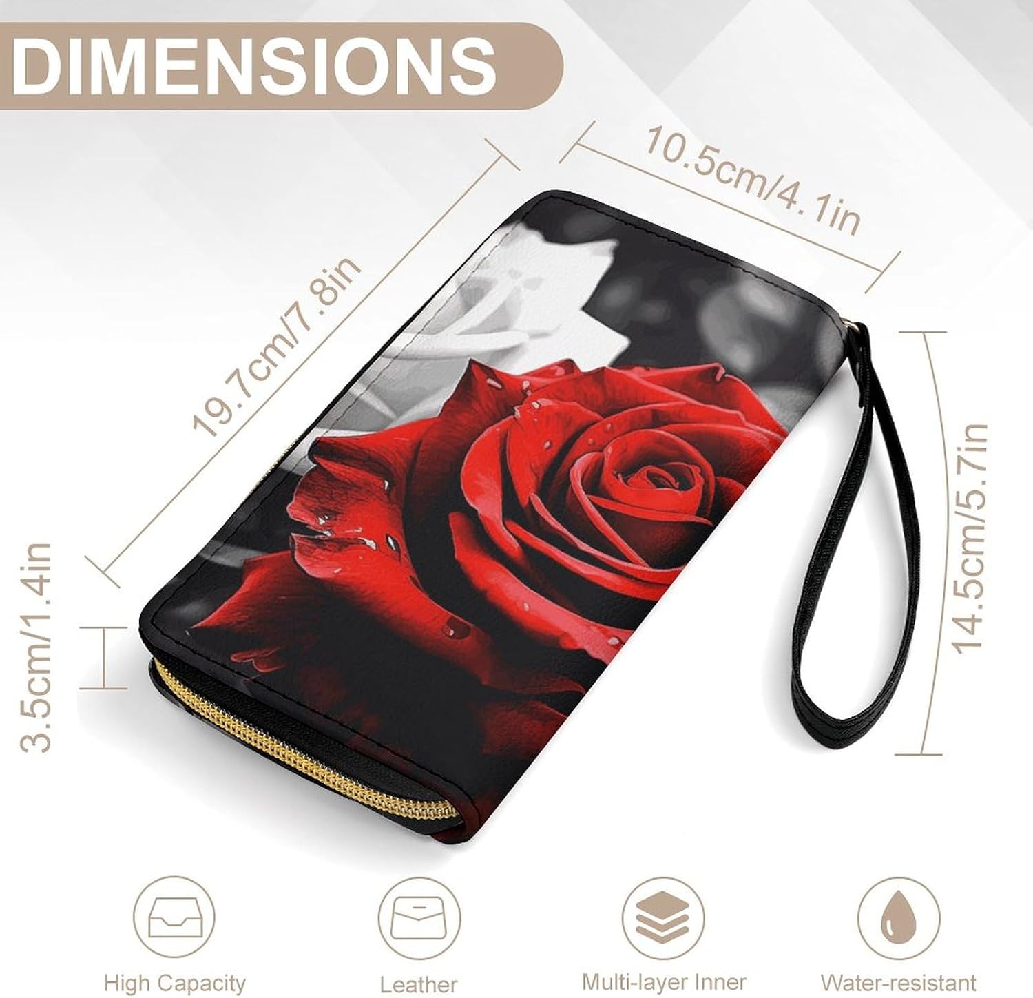 Classic Durable Black White And Red Roses Printed Leather Card Holder with Rope, Suitable for Both Men And Women, Ideal Daily Storage Tool, Simplifies Your Life, Can Be Used As A Holiday Gift