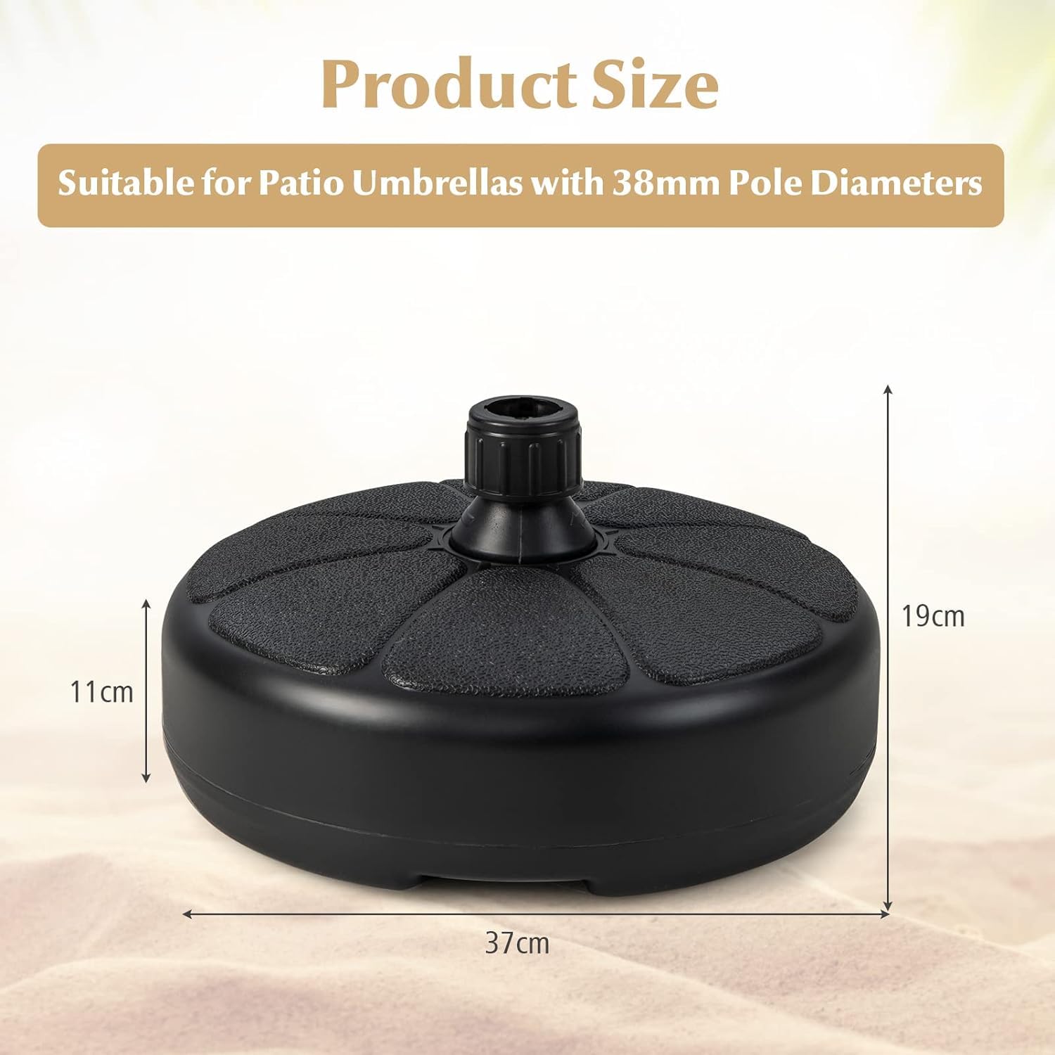 Questa Base per ombrellone Rotonda Resistente da 18 kg con palo da 38 mm, riempibile con Acqua e Sabbia, con Maniglia Integrata, è Ideale per tavoli da Mercato all'aperto.