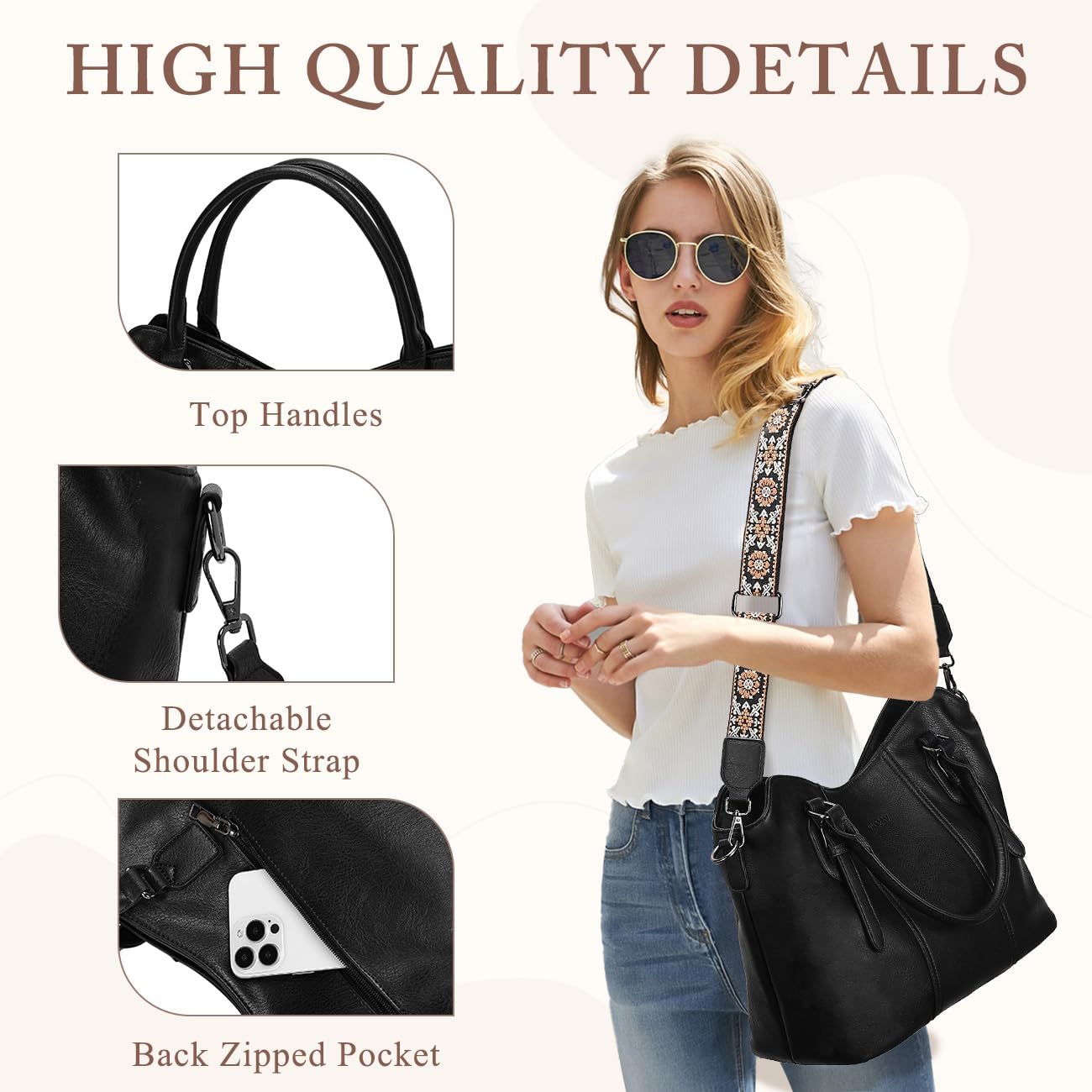 VASCHY Hobo Bags for Women, Vegan Leather Top Handle Satchel Shoulder Purse Handbag Purse with Crossbody Guitar Strap - Image 4