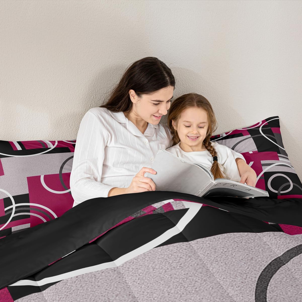Erosebridal Modern Red Gray Black Bedding Full Size Abstract Circles Striped Comforter Set Geometric Spiral Checkered Duvet Insert Chic Texture Quilted Comforter Bedroom Decor with 2 Pillow Covers
