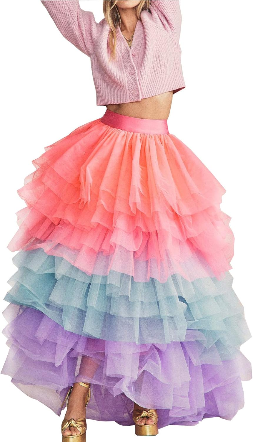 Lisong Women High Waist Colorful Layered Photography Tulle Floor Length Skirt