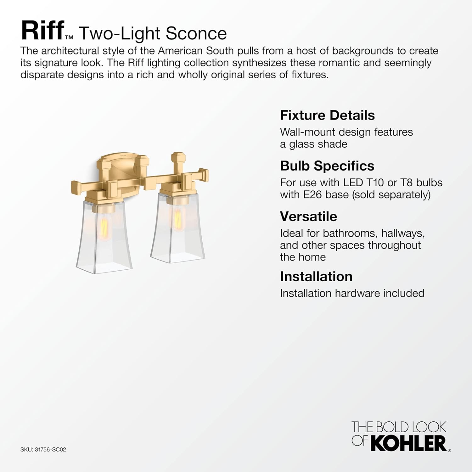 Riff 2 Light Sconce - Brushed Moderne Brass 31756-SC02-2GL Kohler
