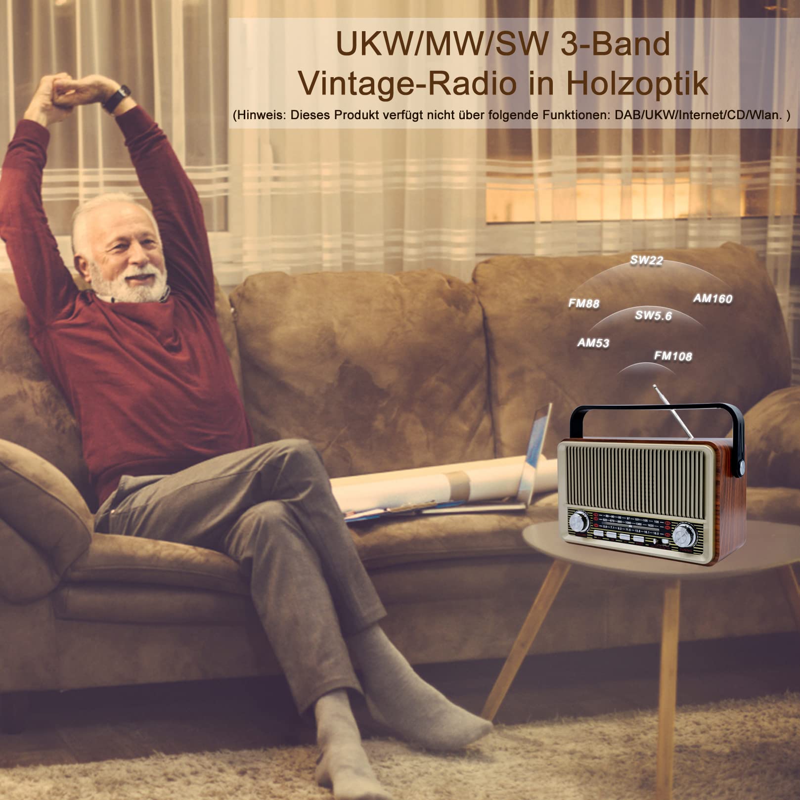 Retro Bluetooth 5.0 Radio - Nostalgie AM SW FM Vintage Gerät Mit 1200mAh Wiederaufladbarer Batterie, USB/TF Unterstützung - Für Küche, Büro Und Zuhause