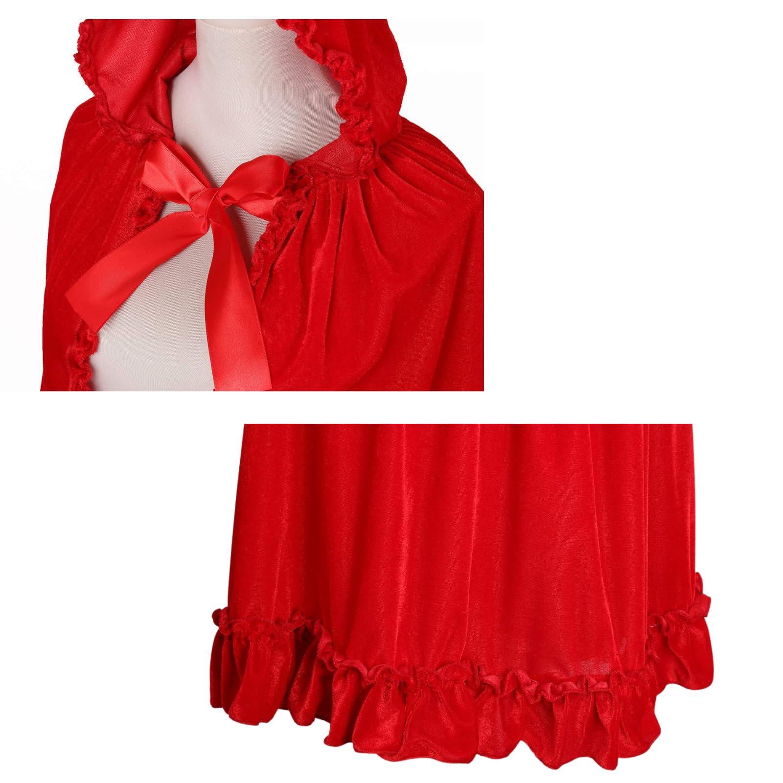 RRCBMD Little Red Riding Hood Cape Velvet Cloak for Halloween Christmas Cosplay Party Flower-bright red-S-23.62 inch - Image 4