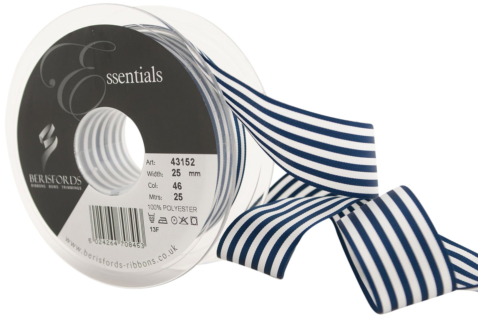 Berisfords 43152 25 m x 25 mm Crisp Stripes Ribbon, Navy