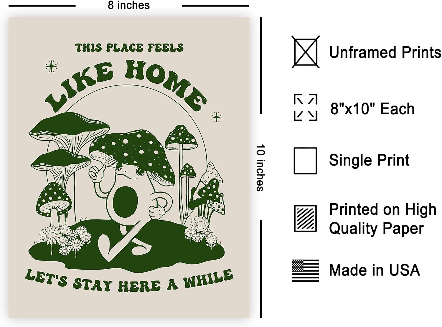 Poster Master This Place Feels Like Home Poster - Retro Mushroom Print - Groovy Frog Art - Positive Quotes & Green Trendy Design - Chic Boho Decor - Living Room or Dorm Decor - 8x10 UNFRAMED