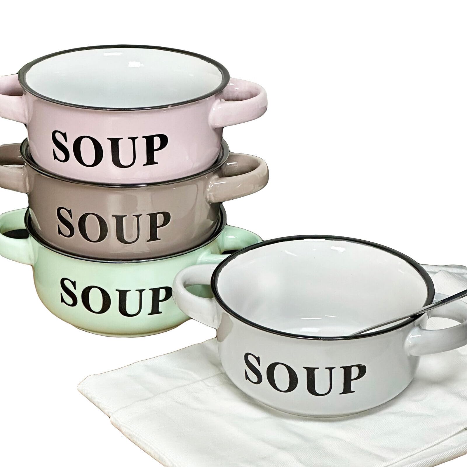 Darthome Set of 4 Pastel Soup Bowls with Handles 500ml Assorted Colours Kitchen Tableware