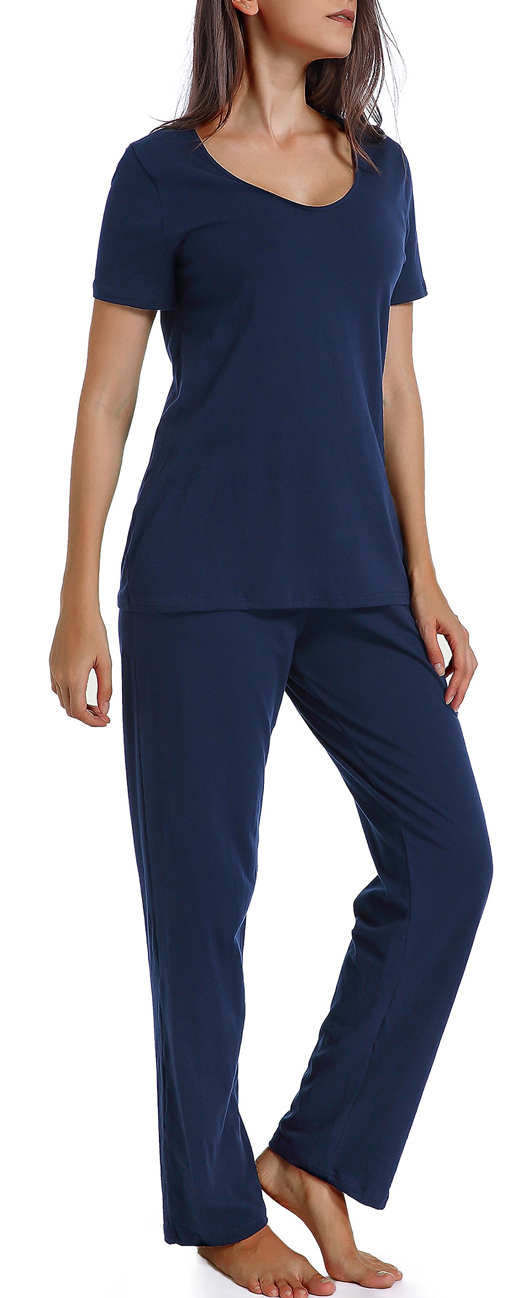 Pijama de algodón para mujer, conjunto de pijama de dos piezas de manga corta con cuello en V y pantalones largos