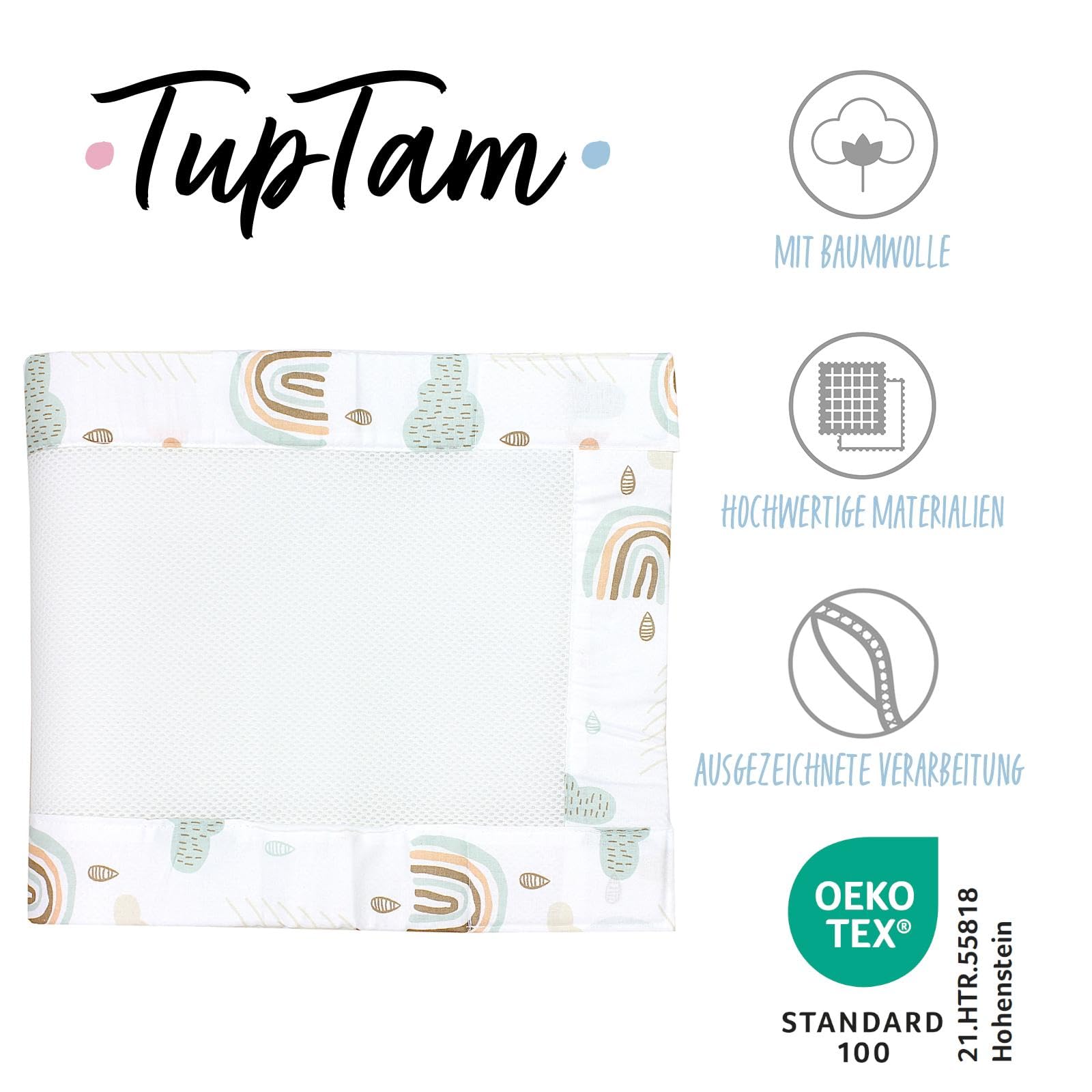 TupTam Protezione Paracolpi per Lettino Nido per Neonati Traspirazione Air Mesh 2 Pack, Nuvole Arcobaleno, ca.128 x 30 cm (per Lettino 140x70)