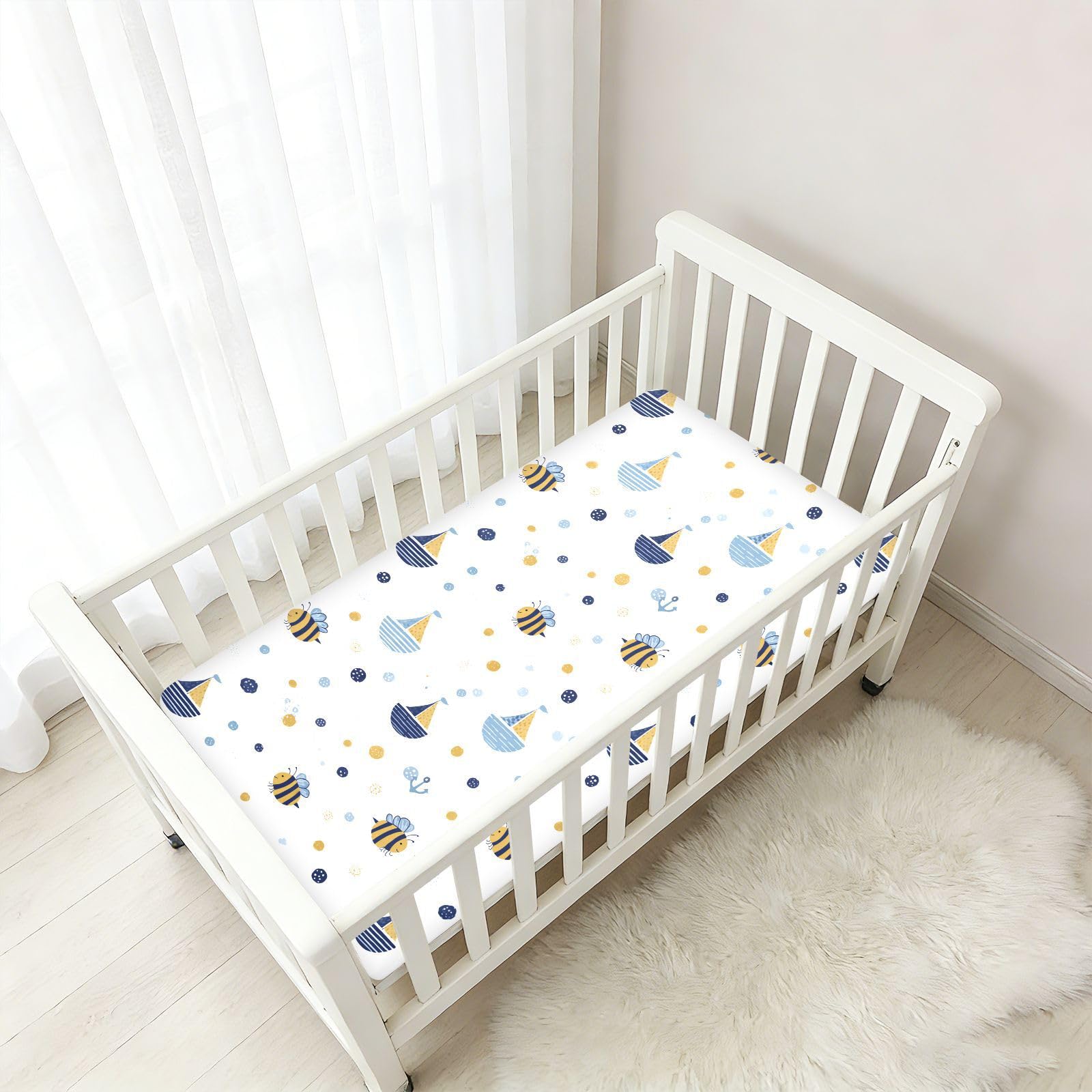 Funny Ocean Bee Lenzuola bianche per culla per neonati e ragazze in cotone morbido traspirante biancheria da letto per bambini per asilo nido, 1 confezione per corral de