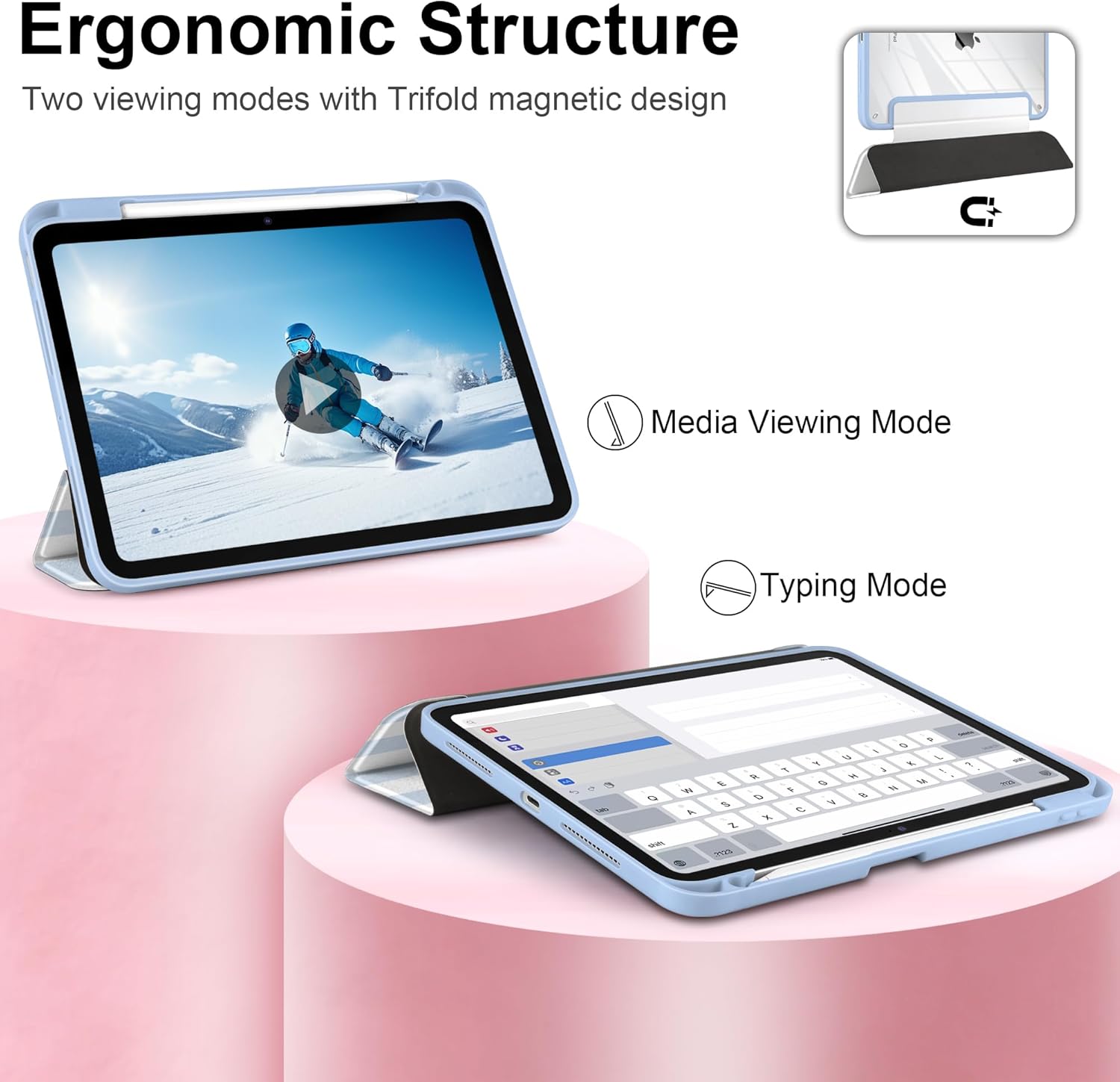 Case for iPad Pro 13 inch (M5) 2025 (M4) 2024 Release with Pencil Holder - Cute Preppy Coastal Design Aesthetic Blue White Striped Trifold Cover with Soft Bumper, Clear Back, Auto Sleep/Wake