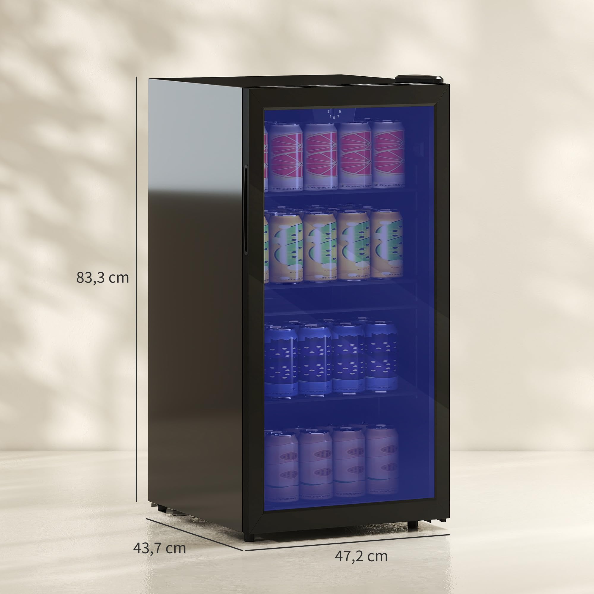 HOMCOM Réfrigérateur à Boissons 93 L, Frigo 115 Canettes, Porte Vitrée, Éclairage LED, Contrôle Température, Noir