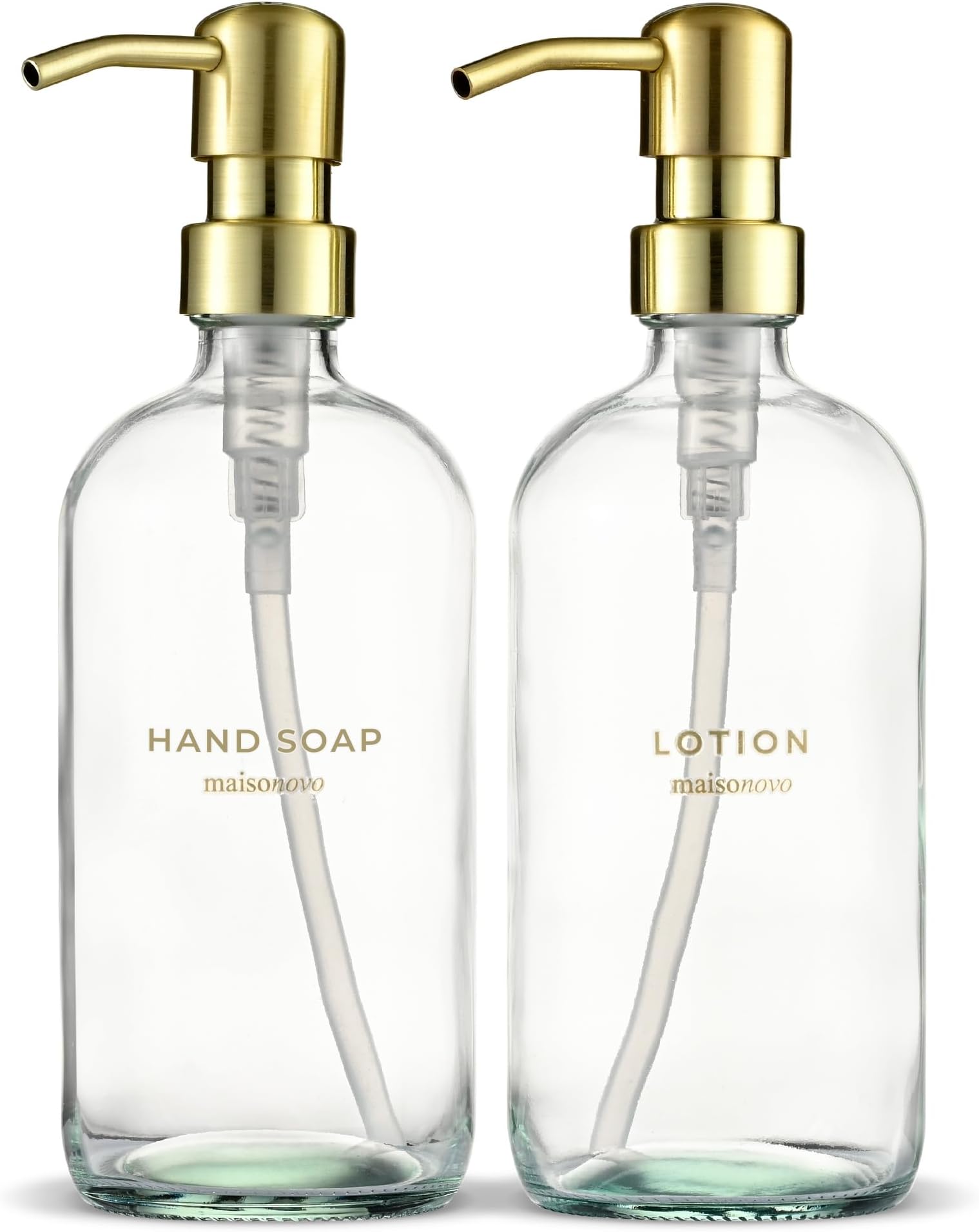 MaisoNovo Soap Dispenser 2-Piece Set | 16.9oz Clear Bottles with Gold Stainless Steel Pump Core