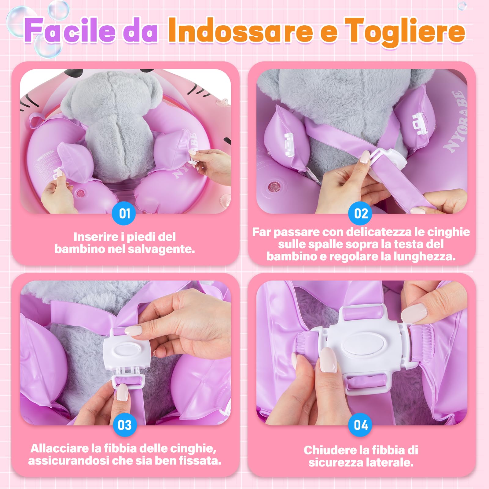 NYOBABE Salvagente Neonato con Parasole SPF 50+, Ciambella Neonato Mare 6-36 Mesi con Camera d'aria Posteriore Anti-Ribaltamento, Salvagente Bambini 9-15Kgs
